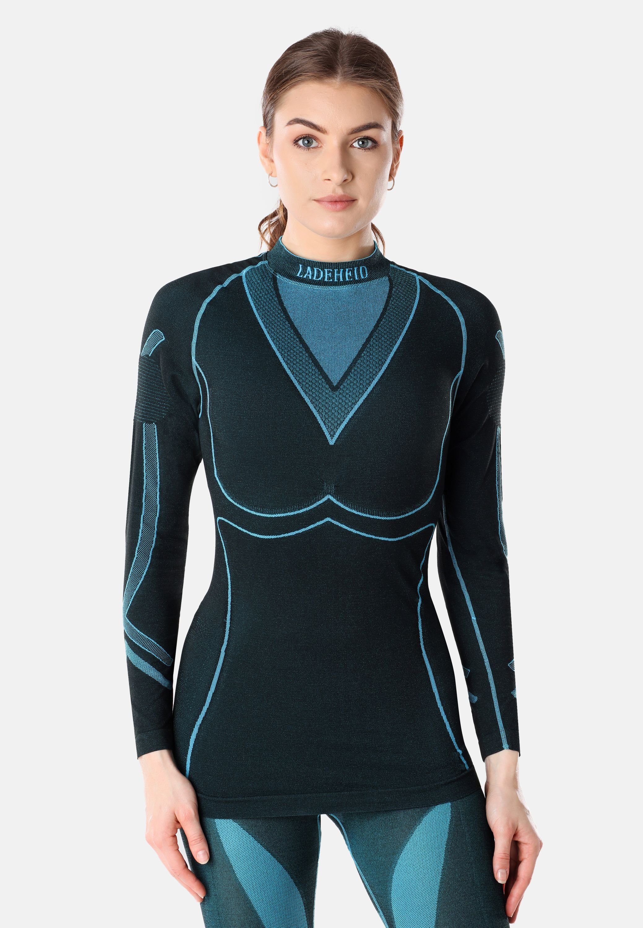 Damen Ladeheid LAGI004 Funktionsunterhemd Funktionsunterwäsche Schwarz/Turquoise Thermoaktiv langarm Shirt