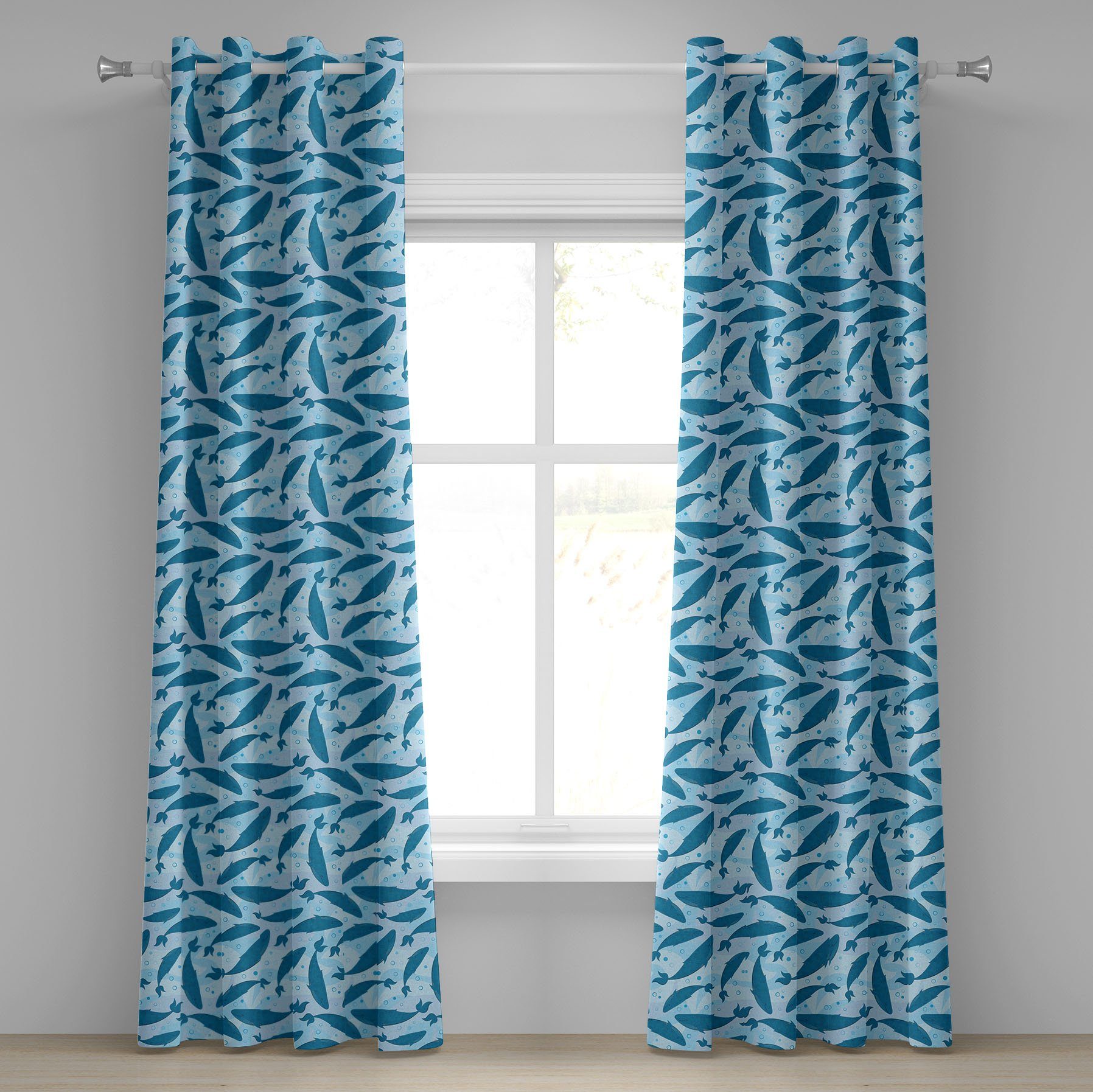 Gardine Dekorative 2-Panel-Fenstervorhänge für Schlafzimmer Wohnzimmer, Abakuhaus, Wal Big Blue Wassertiere | Fertiggardinen