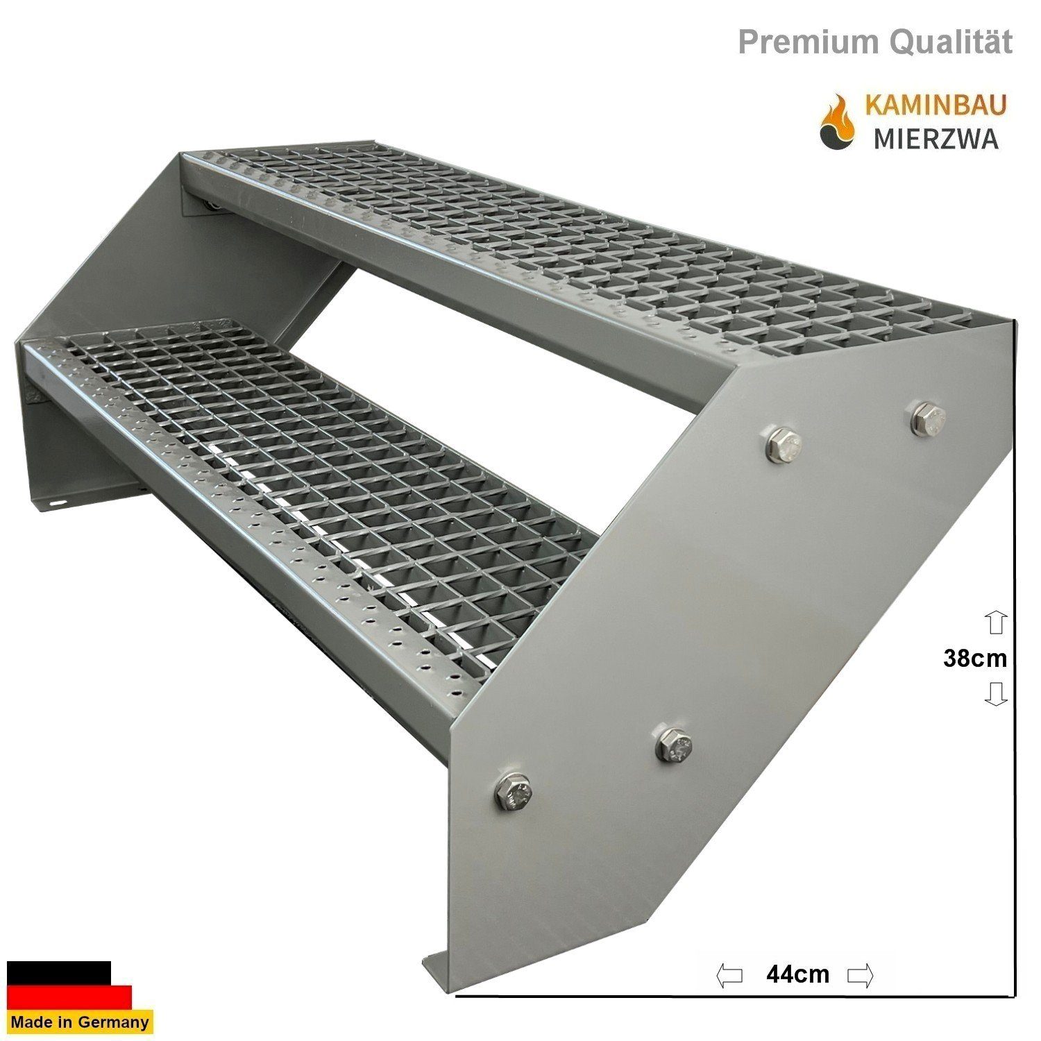 Kaminbau Mierzwa Außentreppe Premium Treppe Komplett Silber Höhe Verstellbar, für Geschosshöhen bis 38 cm, Stufen Gitterroststufen nach DIN 24531, (Höhe 38 cm, Breite wählbar aus 60, 80, 100, 120, 140 cm), Gartentreppe Stahltreppe Wetterfest Rostfrei Feuer-Verzinkt Rutschfest