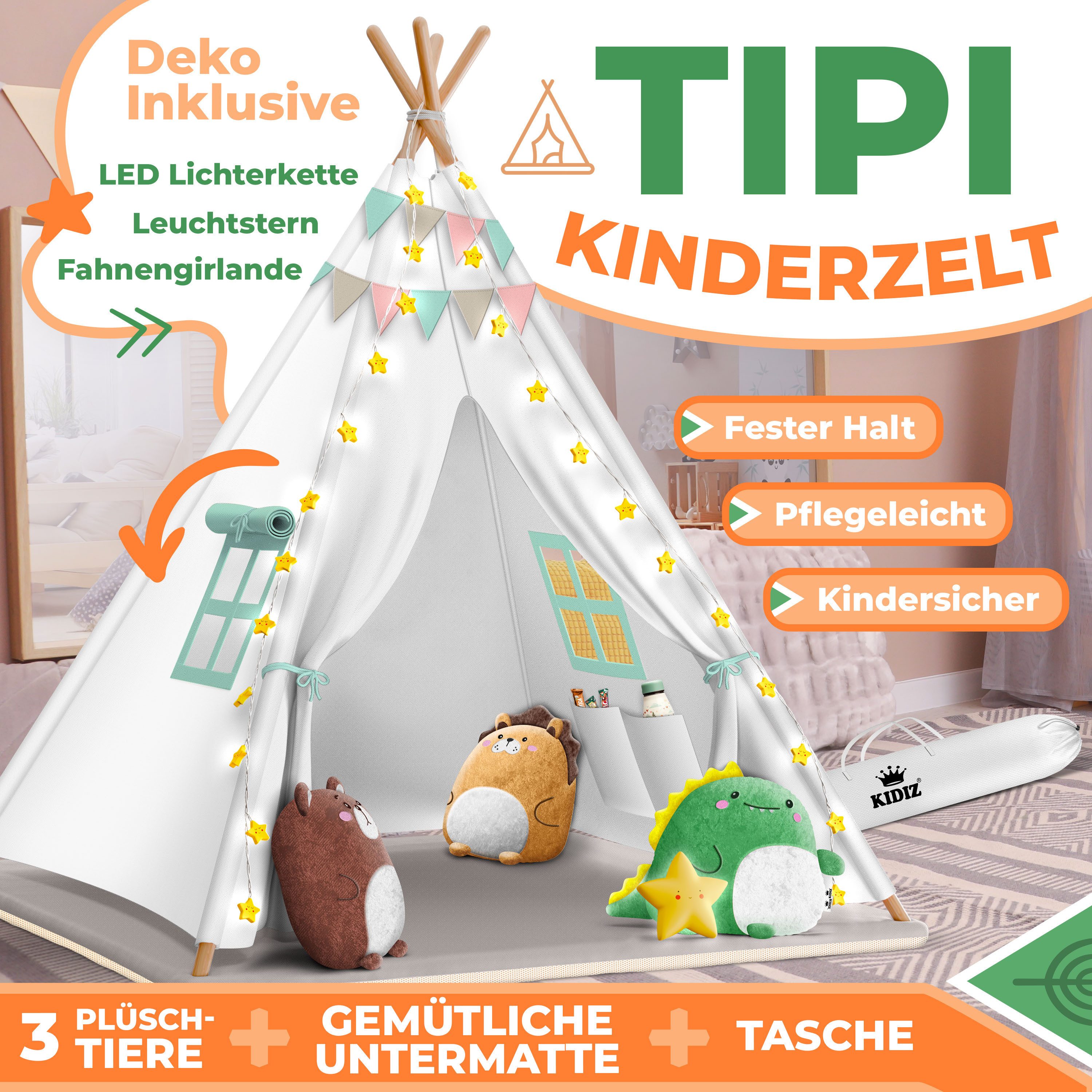 KIDIZ Spielzelt Tipi Zelt für Kinder aus Baumwolle 100x100x160cm Kinderzelt (LED-Lichterkette, Leuchtstern, Girlande, 3 Plüschtiere, Matte & Tasche) Spielhaus für drinnen & draußen Tipizelt