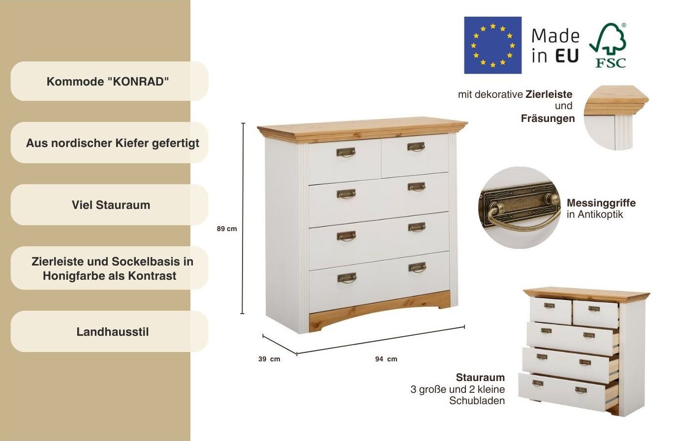 OTTO home Schubkastenkommode Konrad, Kommode, im Landhausstil, rustikal, Breite 94 cm, aus massiver, FSC®-zertifizierter Kiefer – Bild 3 von 5