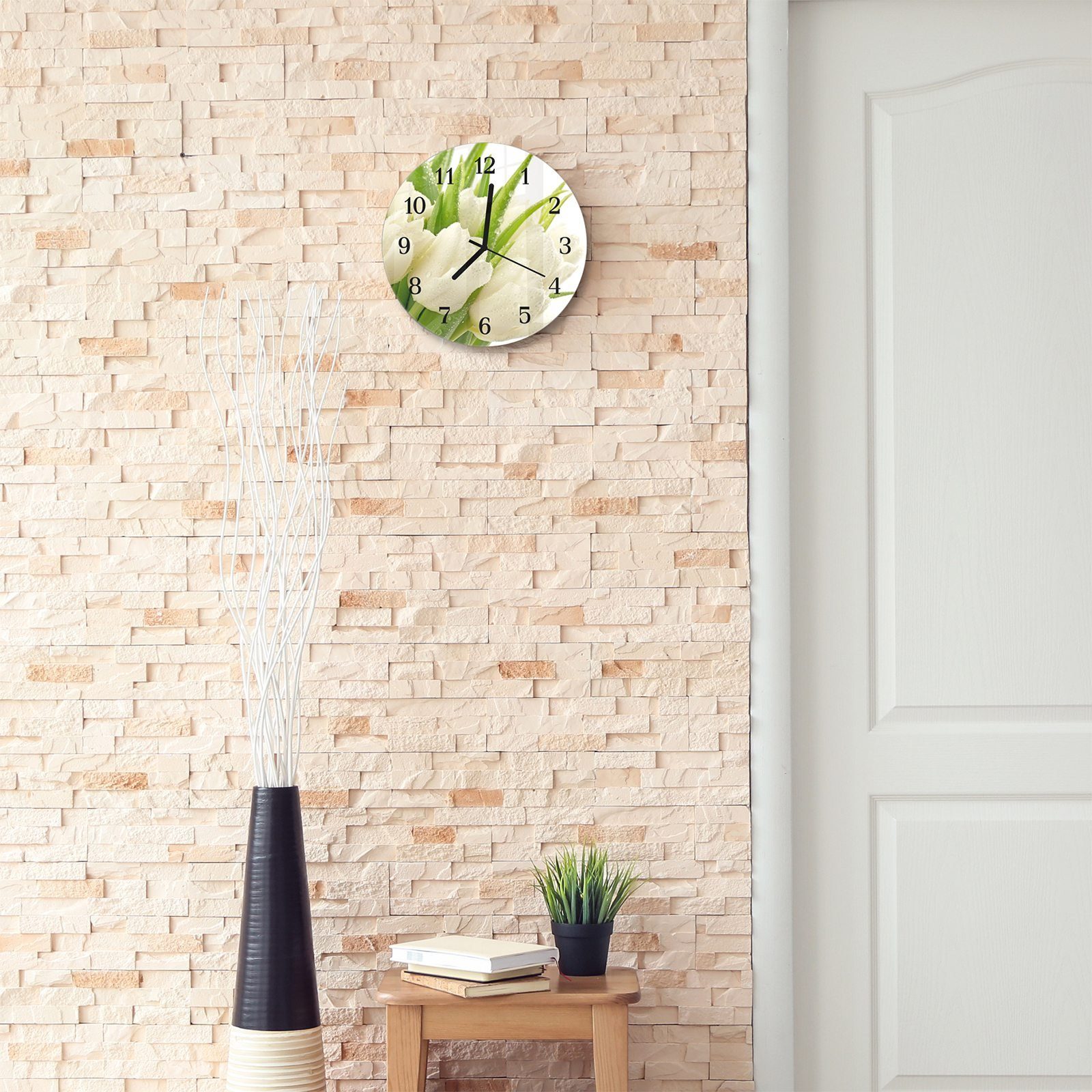 Wanduhr mit Tulpenstrauss Primedeco aus Rund 30 Wanduhr mit Durchmesser und Motiv Quarzuhrwerk - cm Glas