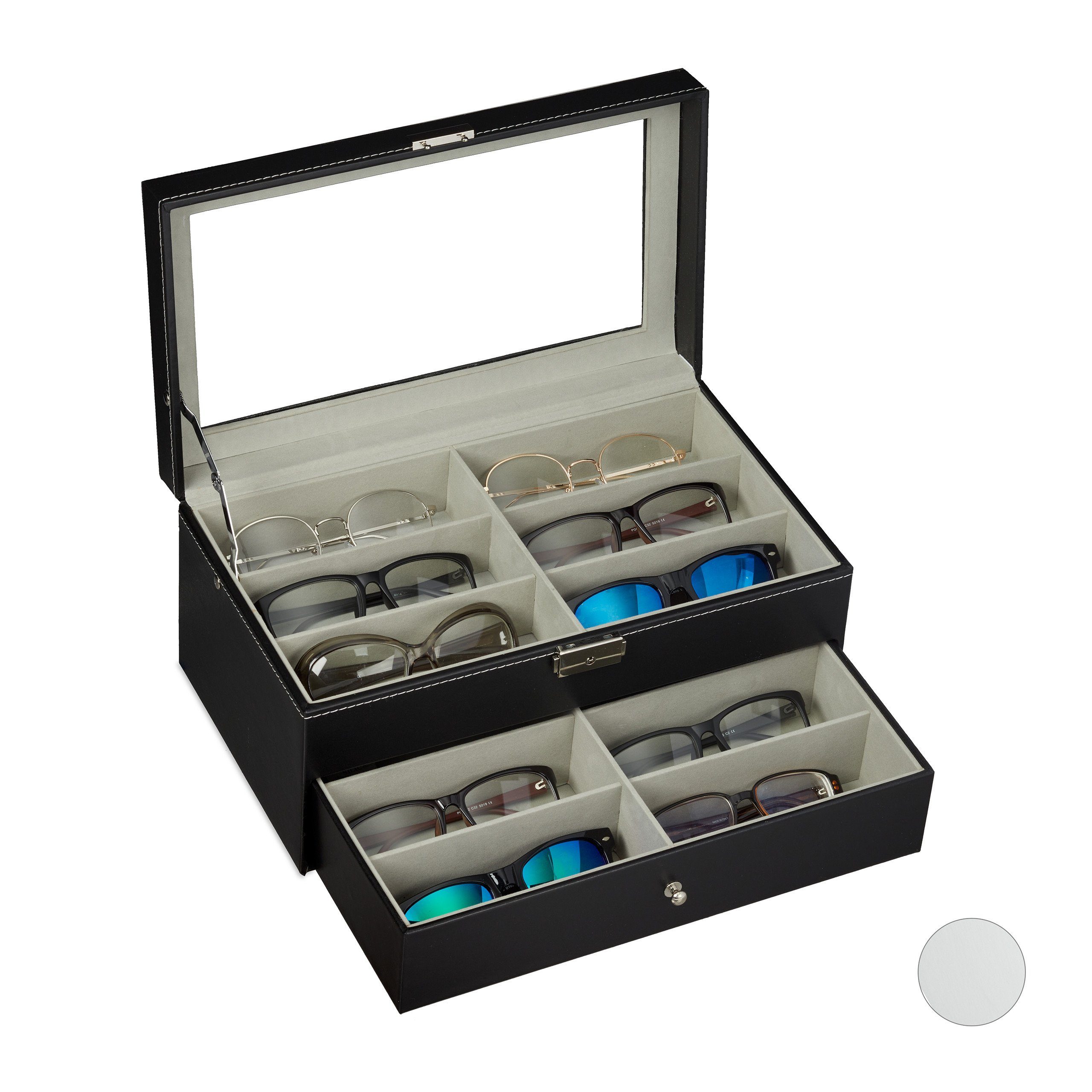relaxdays Brille Brillenbox für 12 Brillen, Schwarz Schwarz Grau Transparent