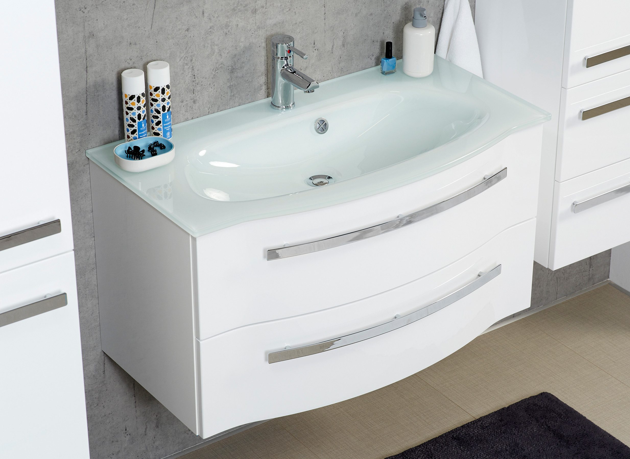 Saphir Waschtisch Serie 4005 Glas-Waschtisch mit Unterschrank, 92 cm breit, Waschplatz mit 2 Schubladen, Badmöbel-Set mit Waschtisch