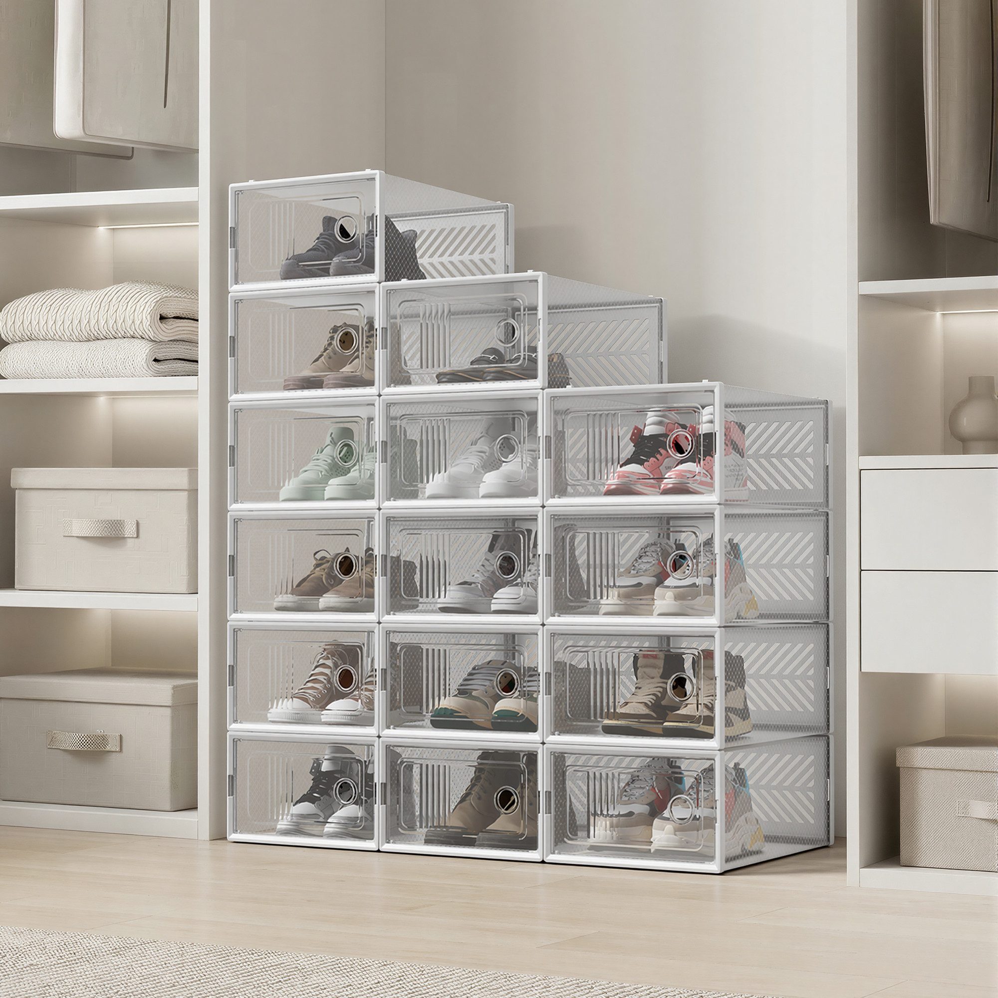 SONGMICS Schuhbox Aufbewahrungsbox für Schuhe, faltbar und stapelbar, für Schuhe bis Größe 43, 12er Set