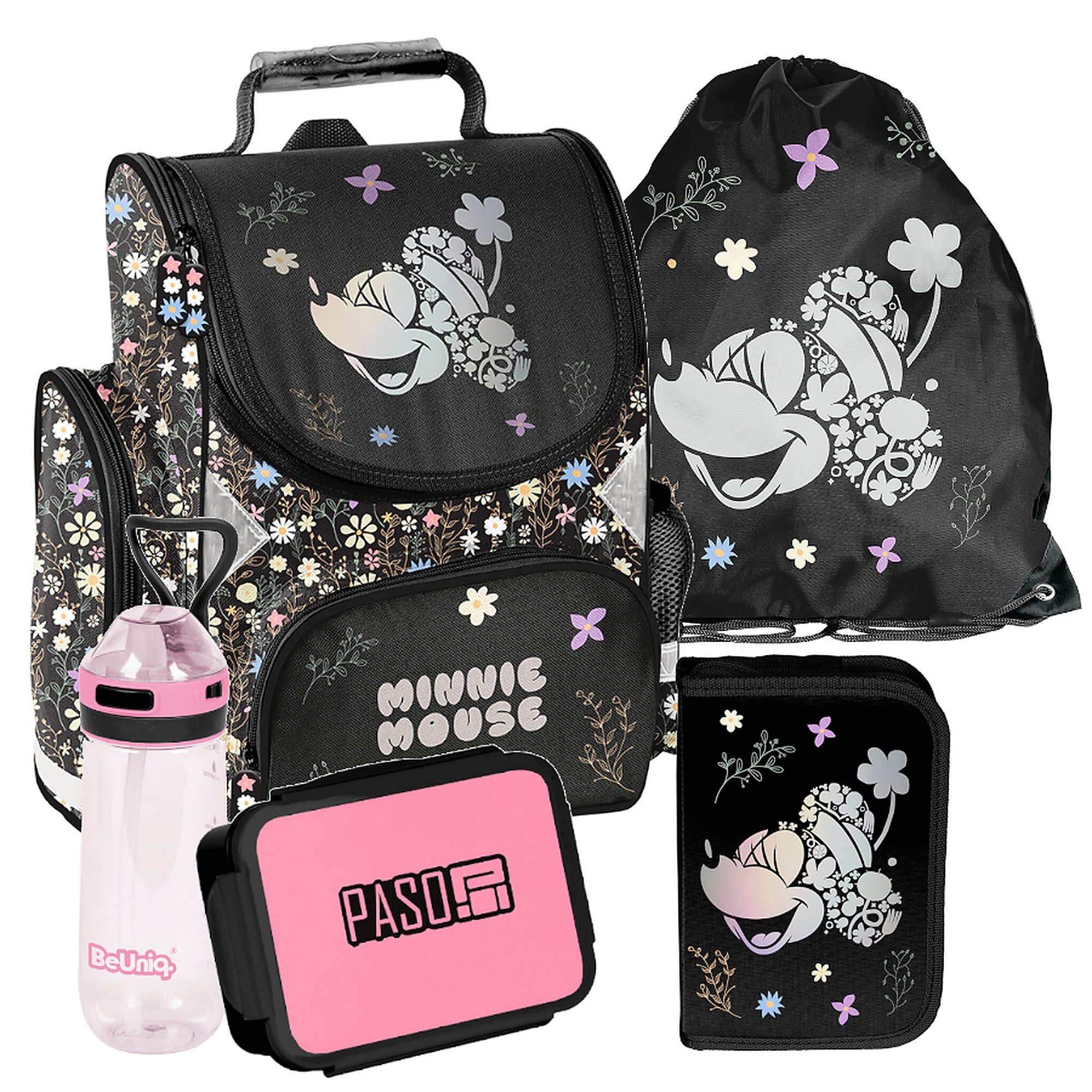 PASO Schulrucksack Mega-Set Disney Minnie Mouse (Schulset, 5-tlg), Rucksack + Turnbeutel + Federmäppchen + Lunchbox + Trinkflasche