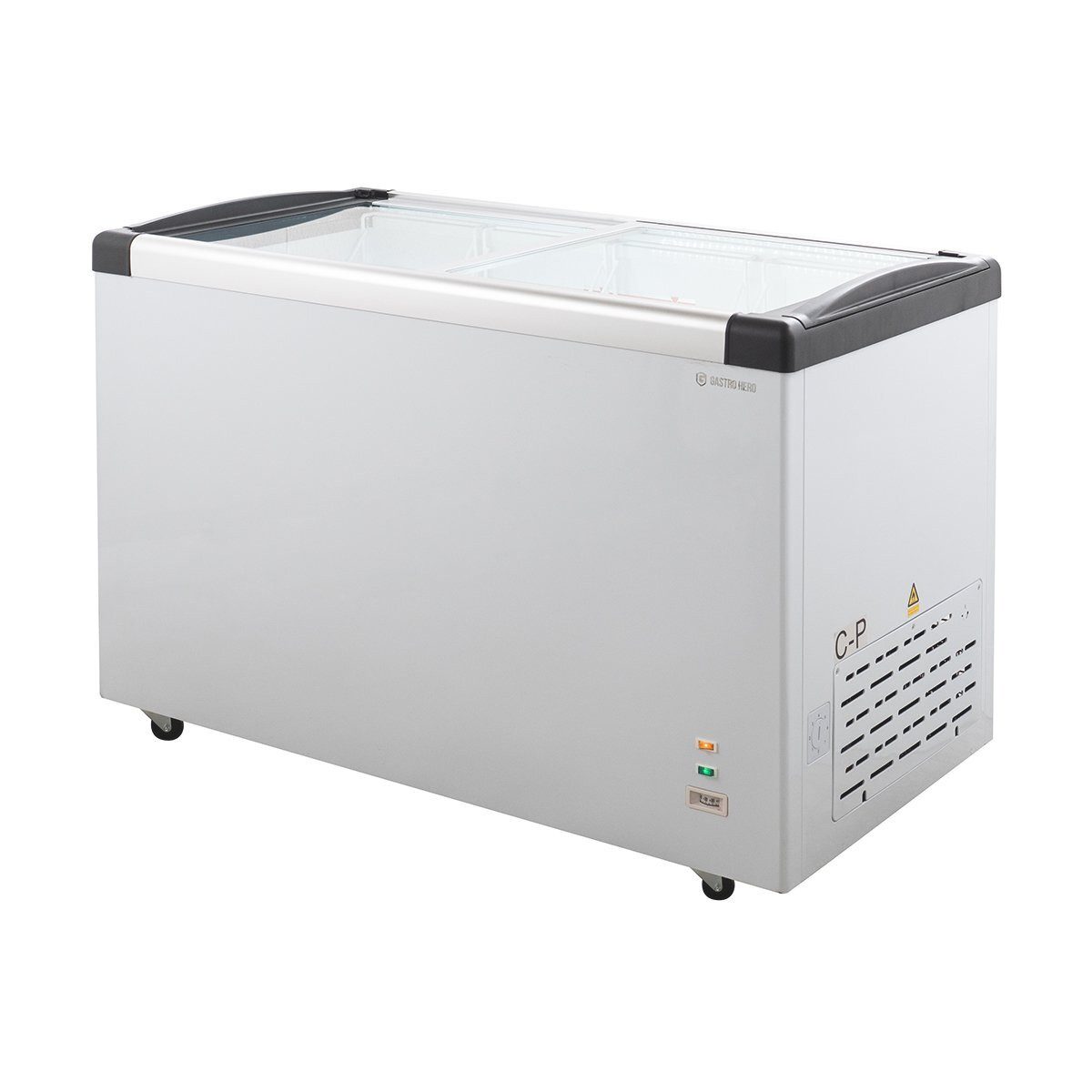 GastroHero Gefriertruhe TKTR-ECO450GN Tiefkühltruhe 355 Liter mit Glasschiebedeckel & Rollen abschließbar, 127.5 cm breit