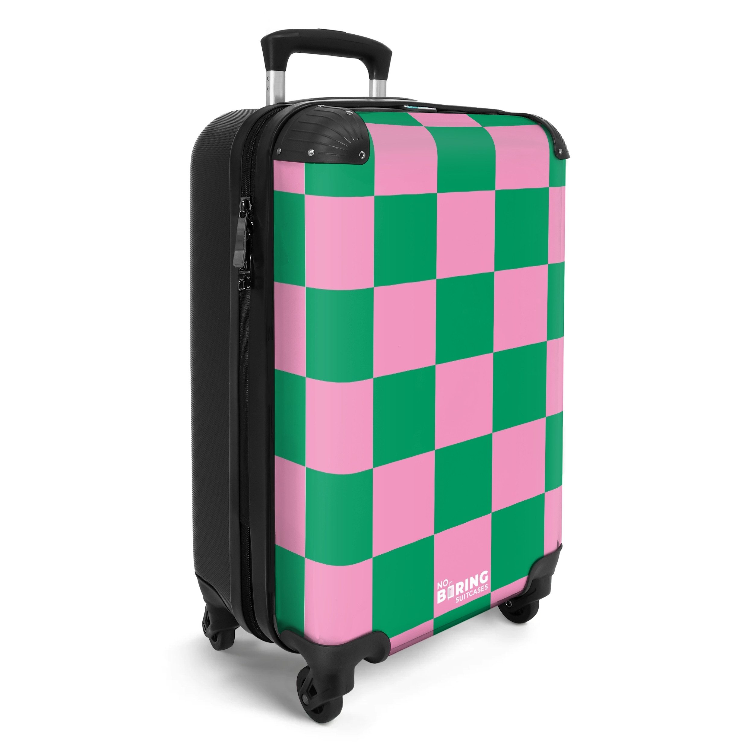 NoBoringSuitcases.com© Hartschalen-Trolley Rosa mit grünem Schachbrettmuste günstig online kaufen
