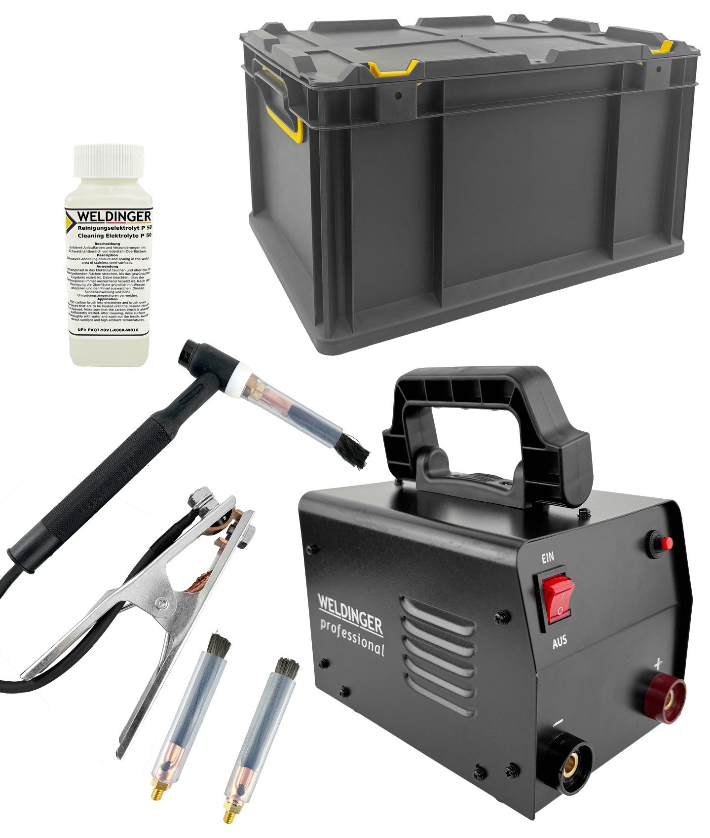 WELDINGER Schutzgasschweißgerät Schweißnahtreinigungsgerät CP300 Elektrolyt Kabel Transportbox 300 W, 8-tlg., Komplettausstattung, einfache Bedienung