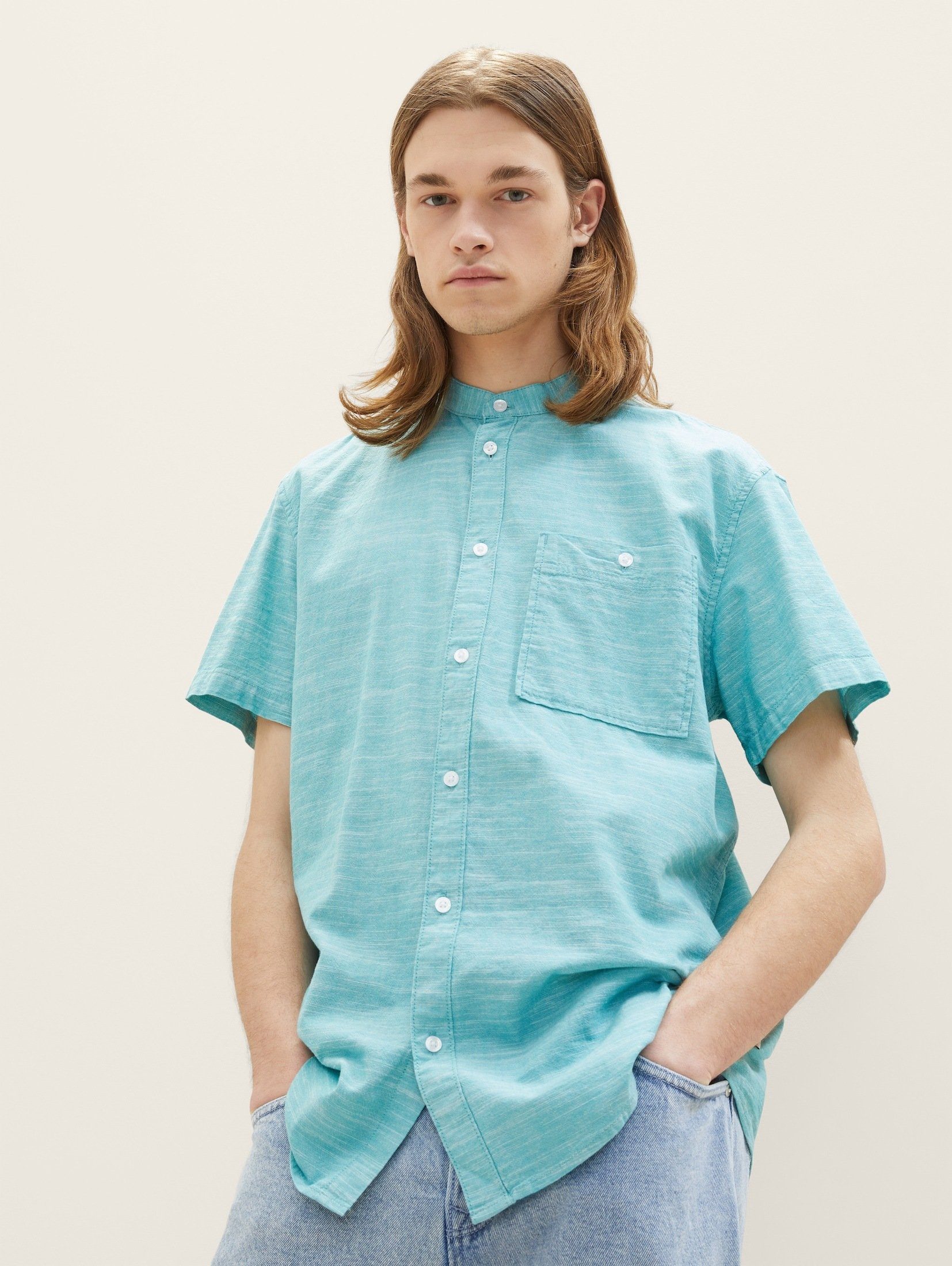 turquoise TAILOR Denim Langarmhemd chambray TOM mit Stehkragen Kurzarmhemd