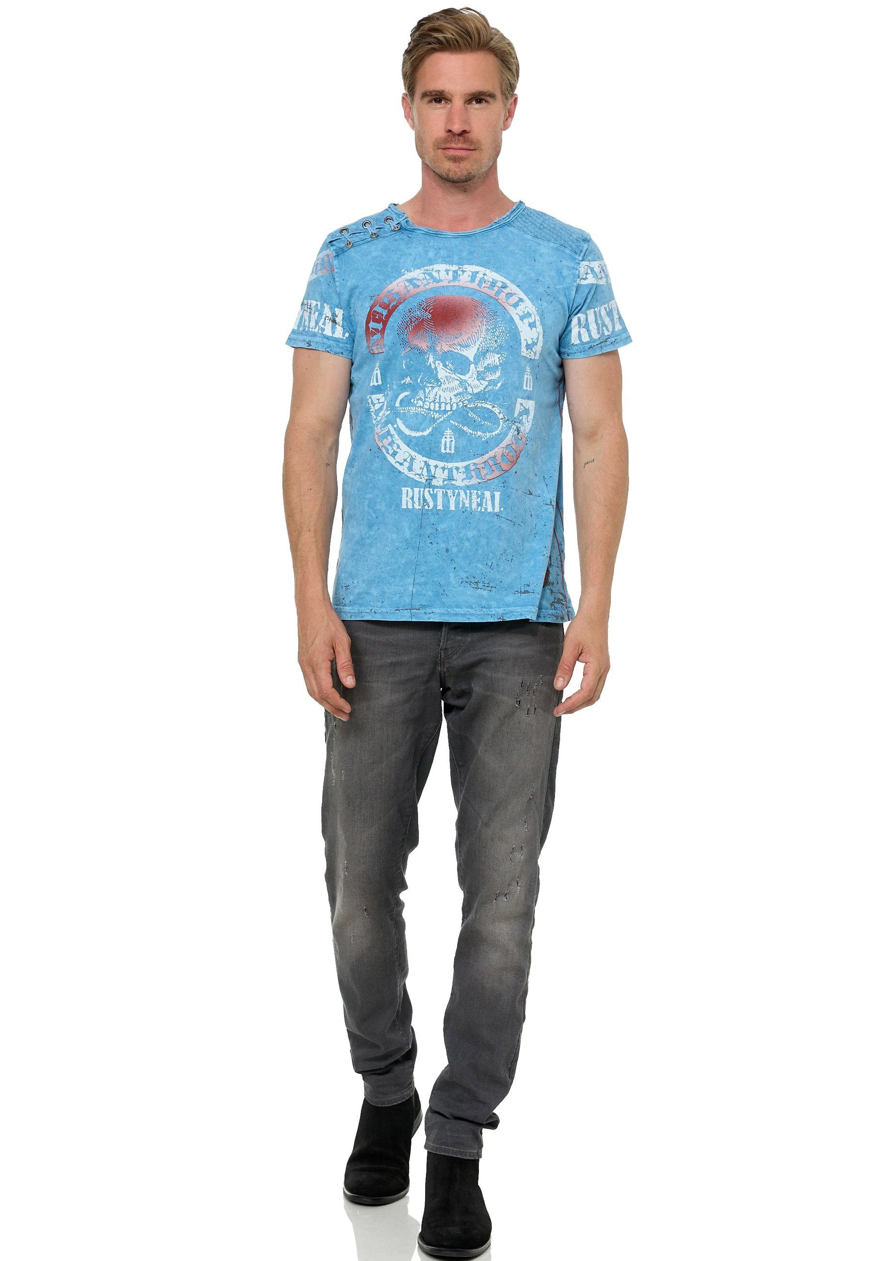 Neal T-Shirt Rusty blau mit Markenprint