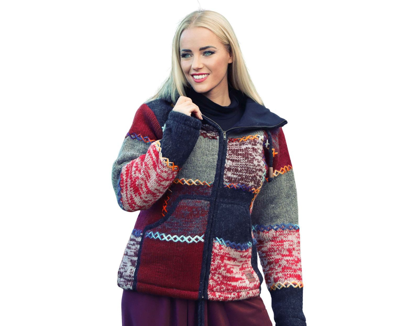 KUNST UND MAGIE Strickjacke Damen Strickjacke Wolle Bunte Patchwork Jacke F günstig online kaufen