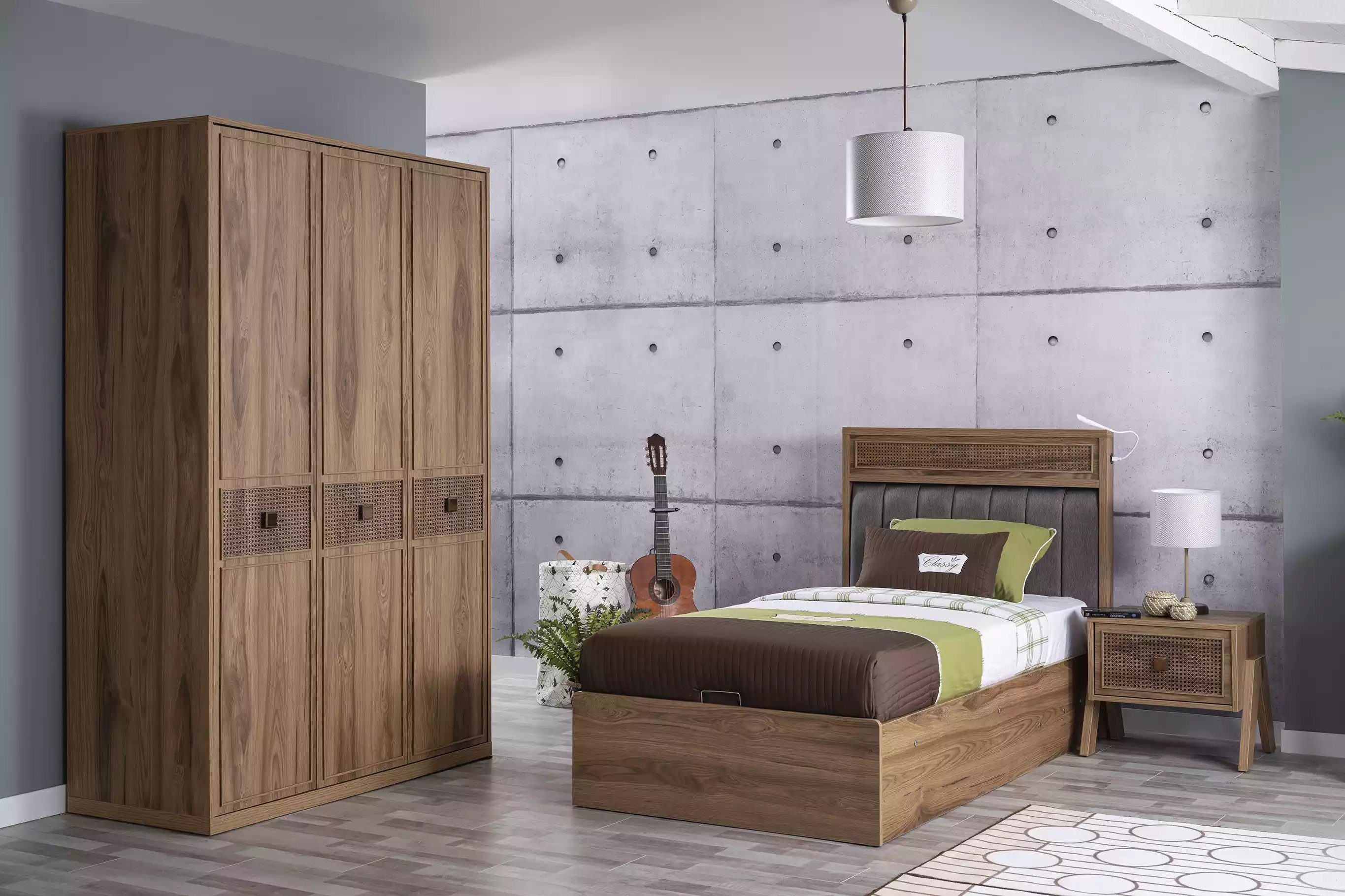 JVmoebel Jugendzimmer-Set Bett Holzbett mit Bettkasten Garnitur Jugendbett Holz Braun Set, (3-St., Bett, Nachttisch, Kleiderschrank), Made in Europa