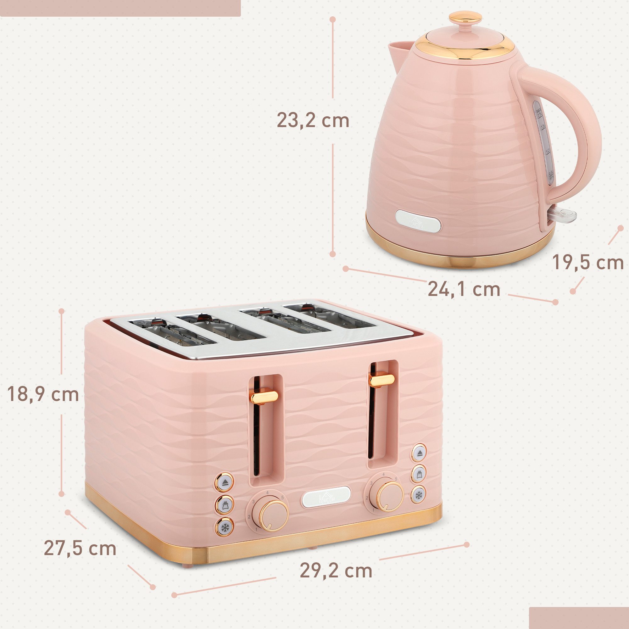 HOMCOM Toaster Frühstück-Set mit 1,7L Wasserkocher, 4 Scheiben Toaster, Kocher-Toaster-Set, für Frühstückszubereitung, 2200 W, Auftauen, Aufwärmen und Krümelfach, Otter Thermostat, Rosa