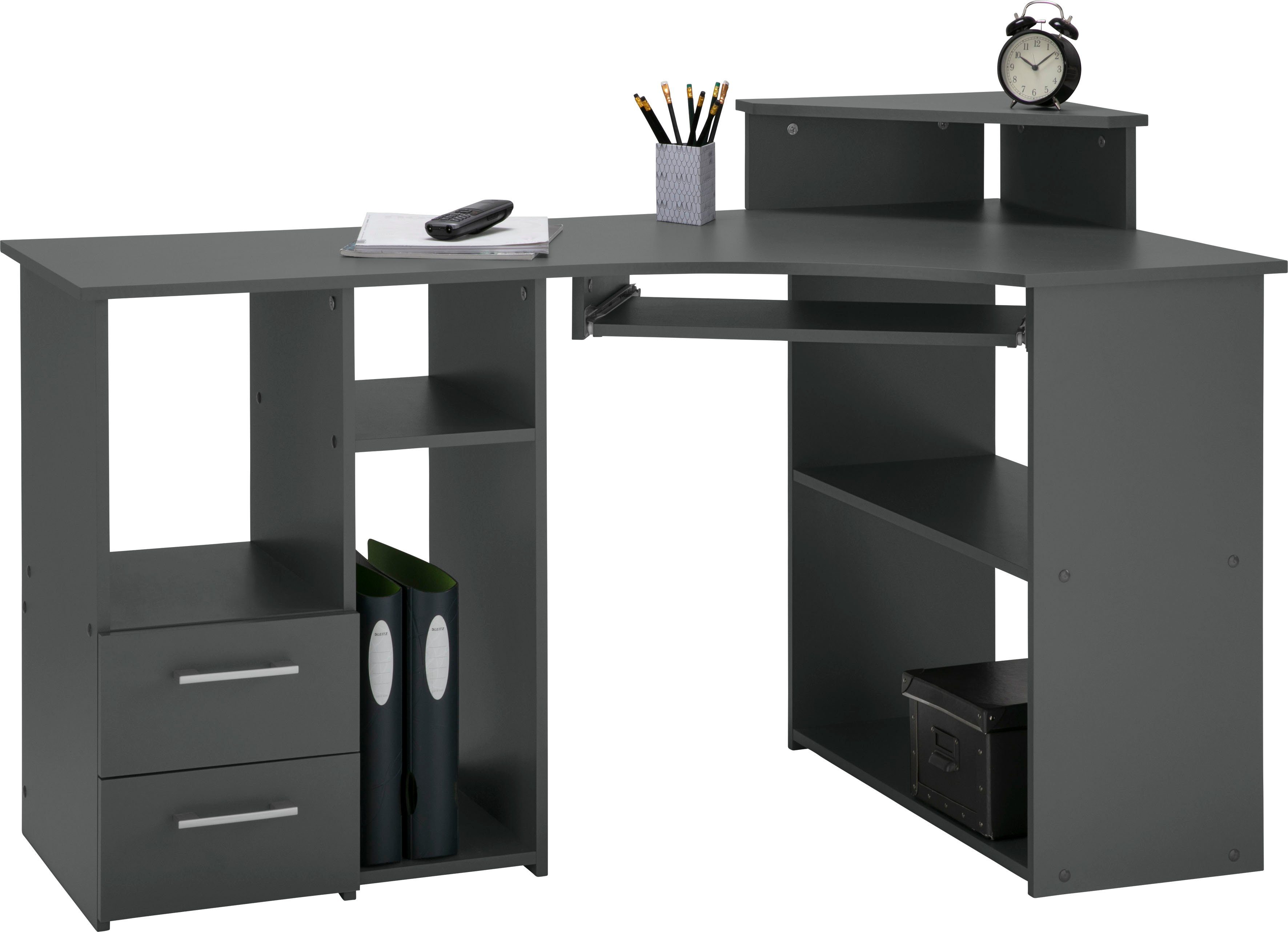VOGL Möbelfabrik Schreibtisch Sam, Eckschreibtisch, Tastaturauszug, Monitoraufsatz & opt. Towerfach