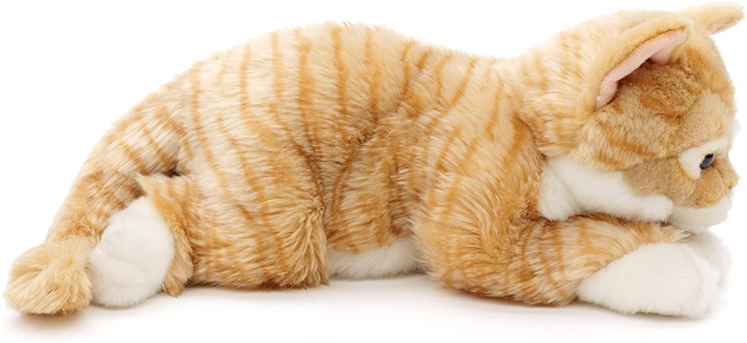 Uni-Toys Kuscheltier Katze mit - braun Plüschtier, Fell grau 100 38 - Plüsch, / - getigertem Füllmaterial zu % cm recyceltes
