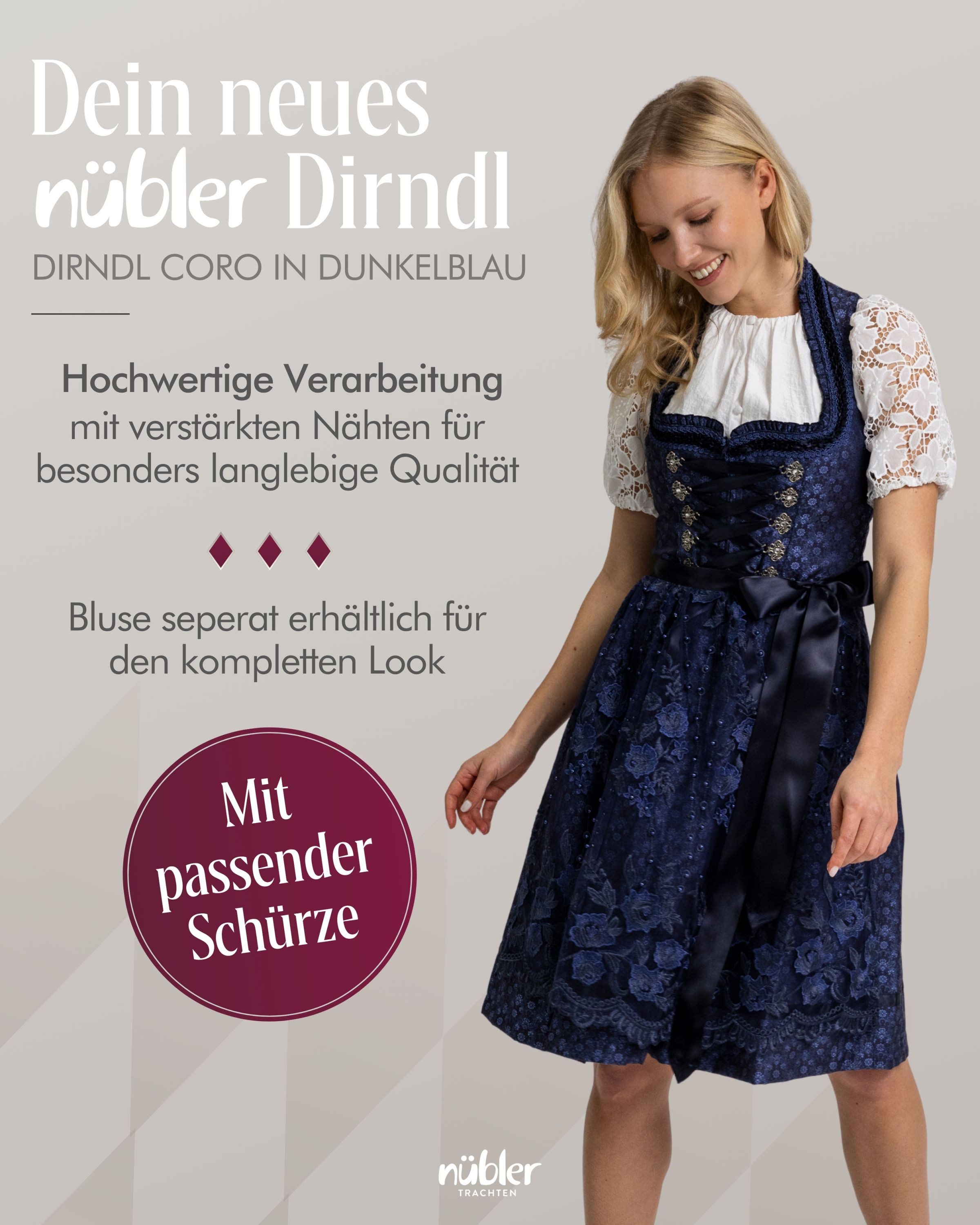 Nübler Trachtenkleid Dirndl midi Coro in Dunkelblau von Nübler - Rocklänge 60 cm – Bild 4 von 5