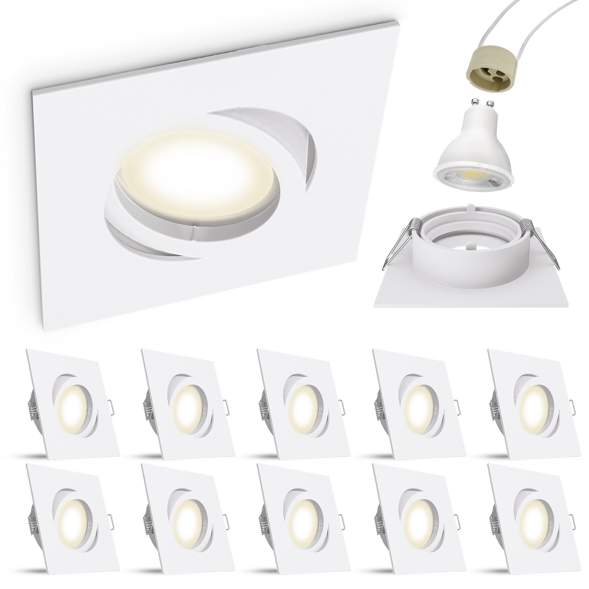 linovum LED Einbaustrahler 10 x LED Spot Einbaustrahler neutralweiss GU10 6W 230V weiss eckig, Neutralweiß