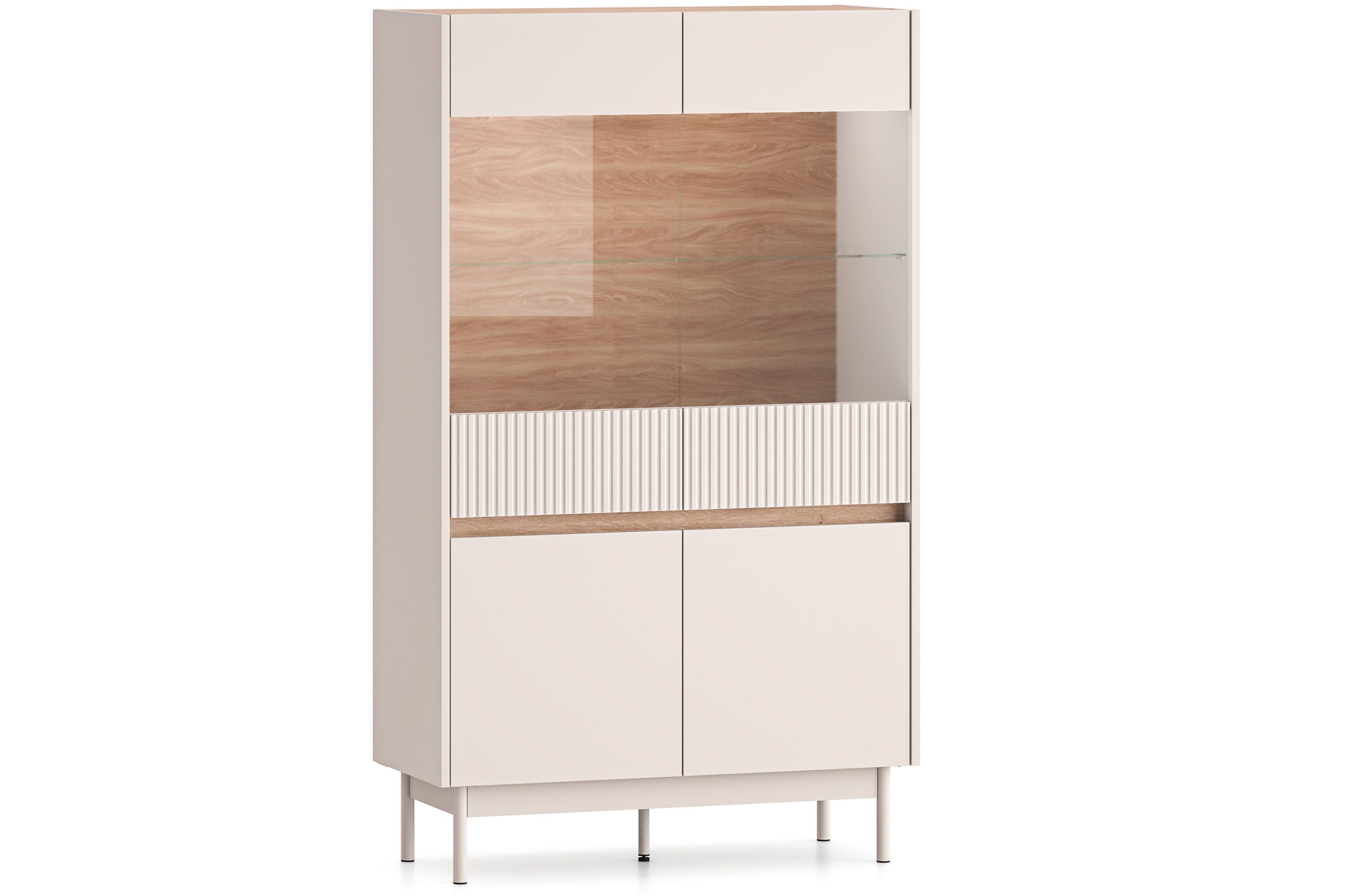 KONSIMO® Glasvitrine NALIA Vitrinenschrank, Standvitrine, hergestellt in der EU (kaschmirfarben) Metallfüße 18 cm, Elegant, mit Soft-Close-Funktion, geriffelte Fronten