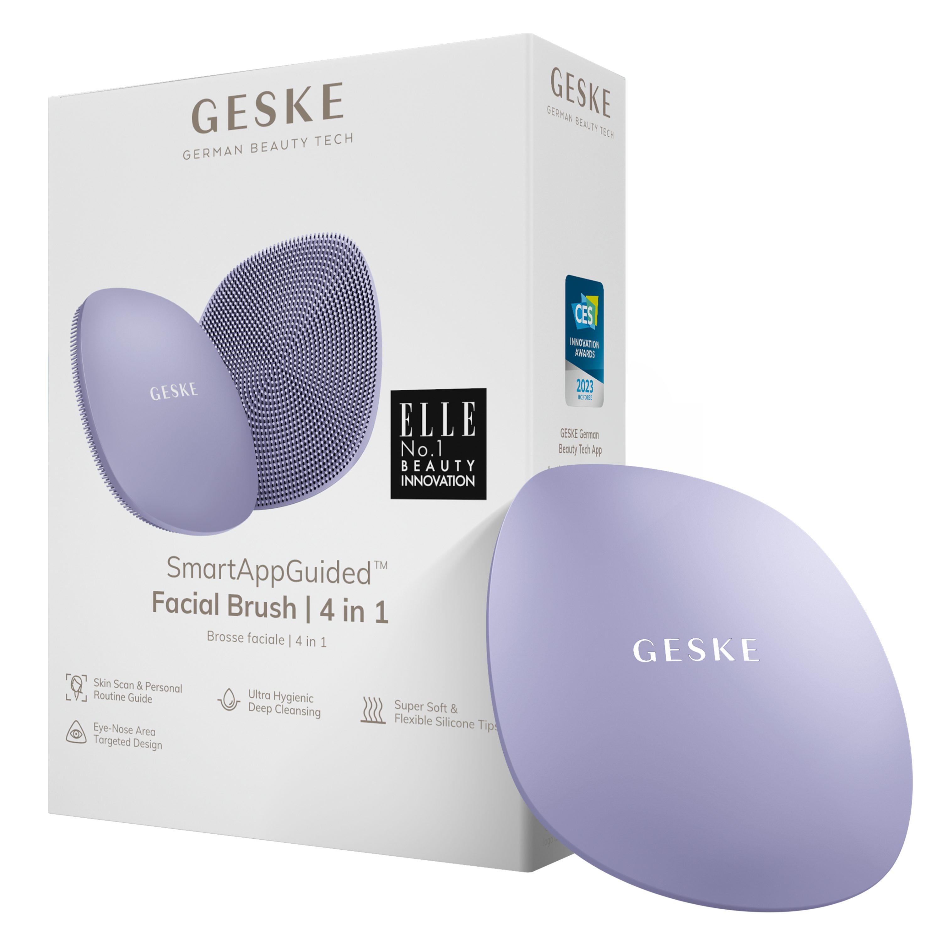 GESKE German Beauty Tech Elektrische Gesichtsreinigungsbürste SmartAppGuided™ Facial Brush 4 in 1, Packung, 1-tlg., inkl. kostenloser APP (SmartAppGuided Device), Mit der GESKE App erhältst Du deine personalisierte Hautpflegeroutine. Purple