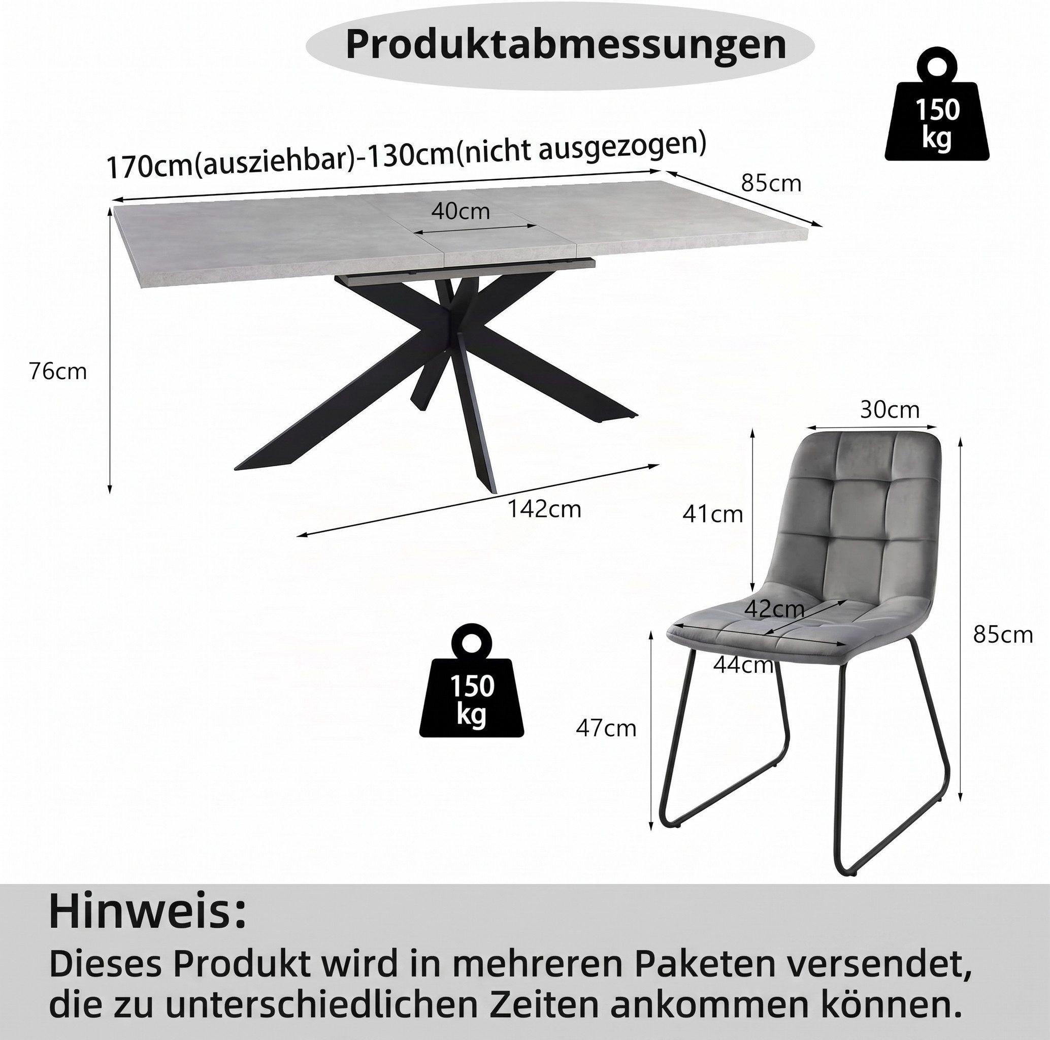 Jiexi Essgruppe Ausziehbare Essgruppe 130-170cm, MDF-Tisch & 4 Samtstühle – Bild 4 von 5