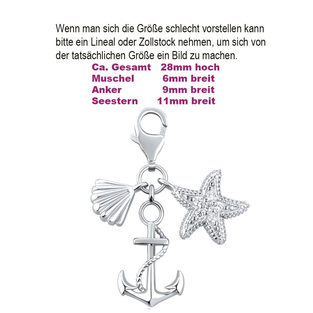 Limana Charm Anker maritimer Damen Anhänger 925 Silber Karabiner Geschenk (Frauen Schmuck inkl. Dose), Anker, Seestern und Muschel mit funkelnde Zirkonia