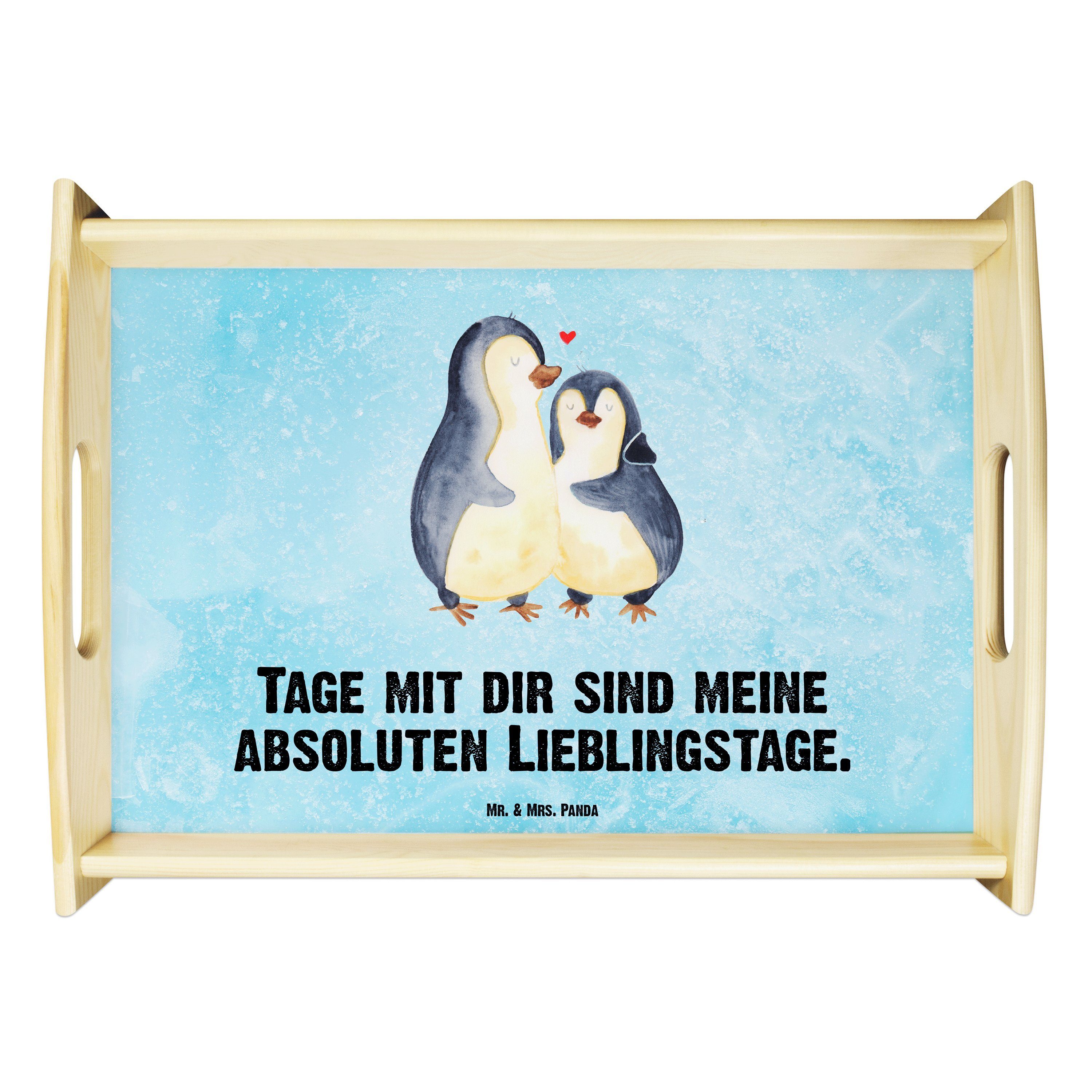 Mr. & Mrs. Panda Tablett Pinguin umarmend - Eisblau - Geschenk, Liebesgeschenk, Dekotablett, L, Echtholz lasiert, (1-tlg)