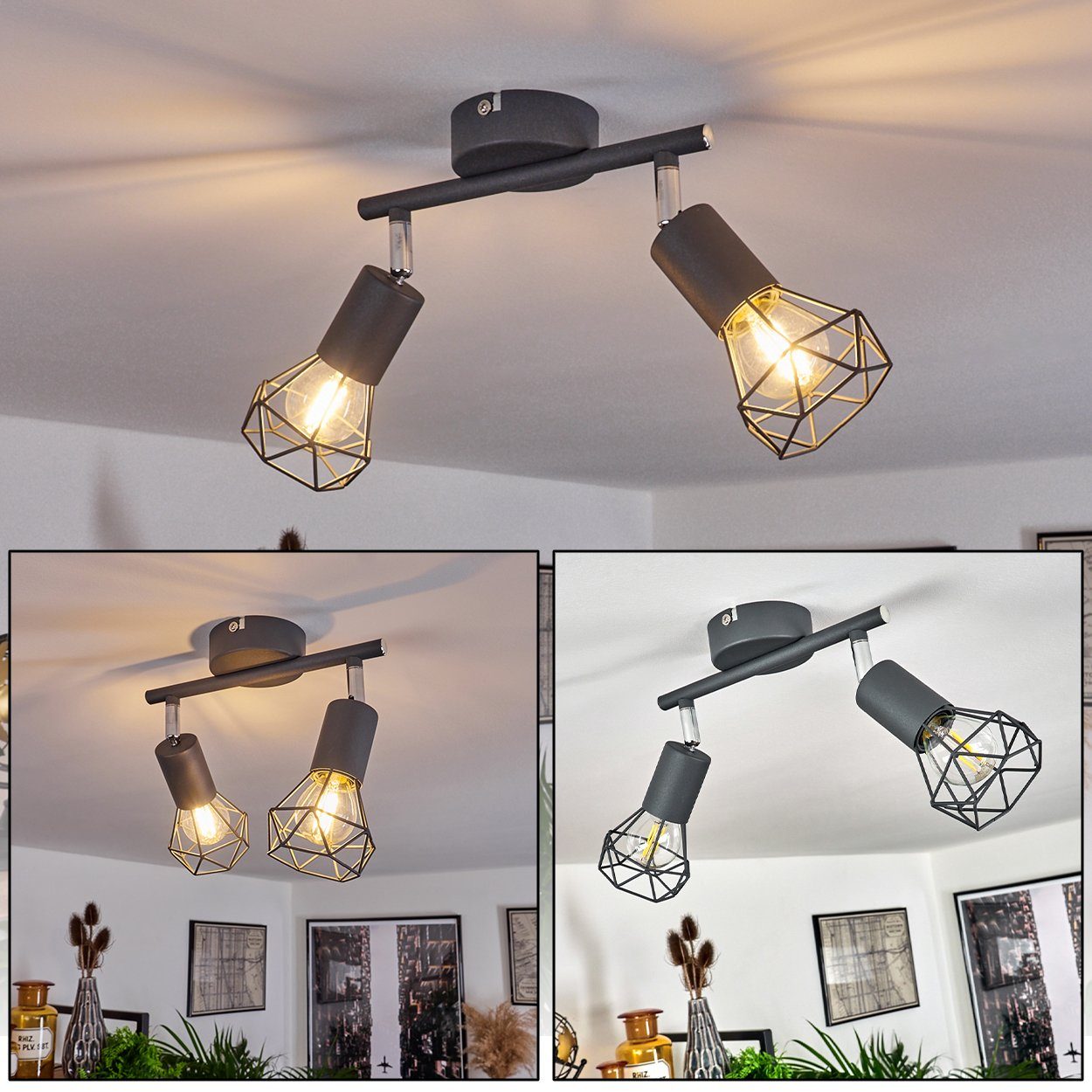 hofstein Deckenleuchte »Borio« Deckenlampe aus Metall in Grau/Chromfarben, ohne Leuchtmittel, m. verstellbaren Schirmen in Gitter-Optik u. Lichteffekt, E14