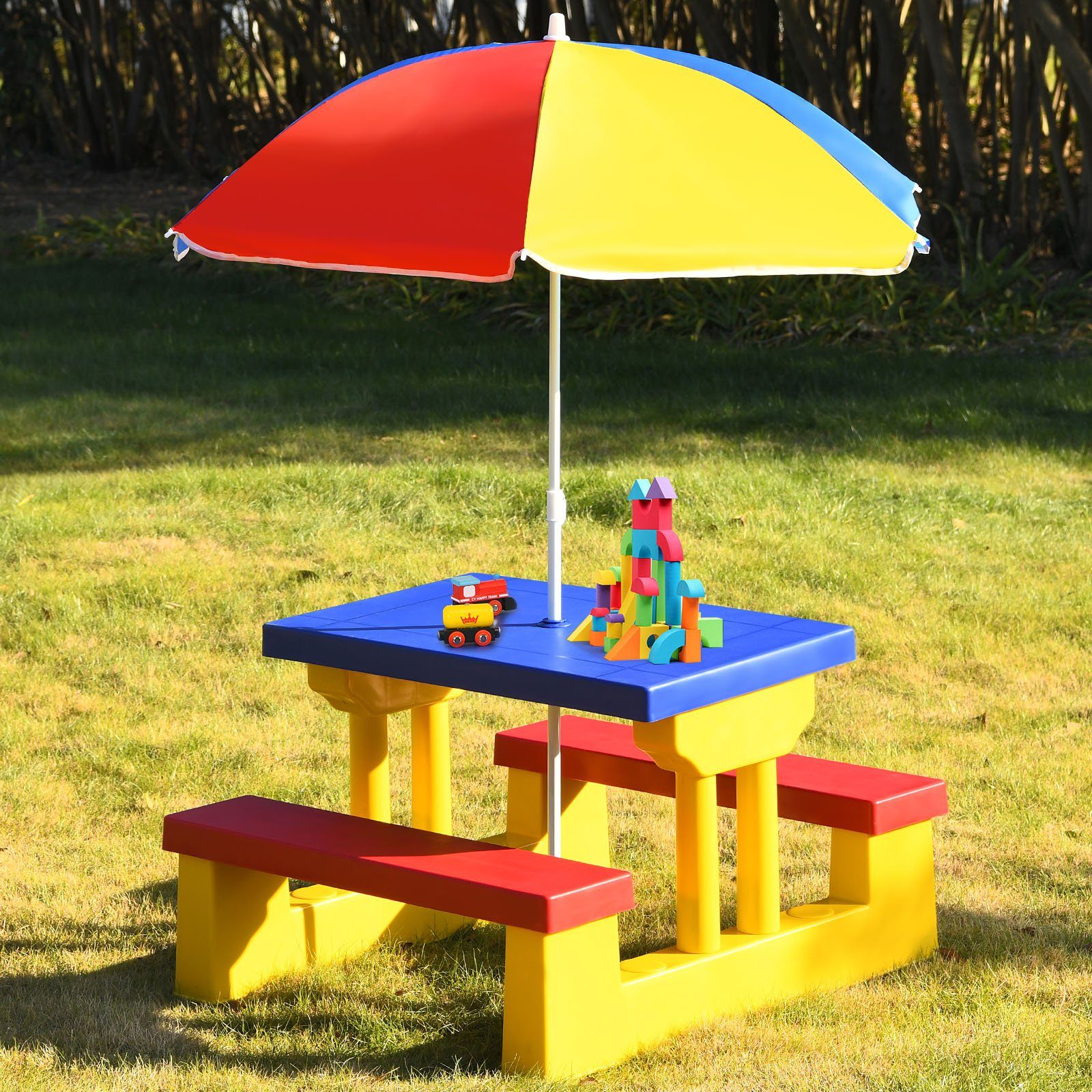 COSTWAY Kindersitzgruppe Sitzgarnitur, Kindertisch, mit Sonnenschirm günstig online kaufen