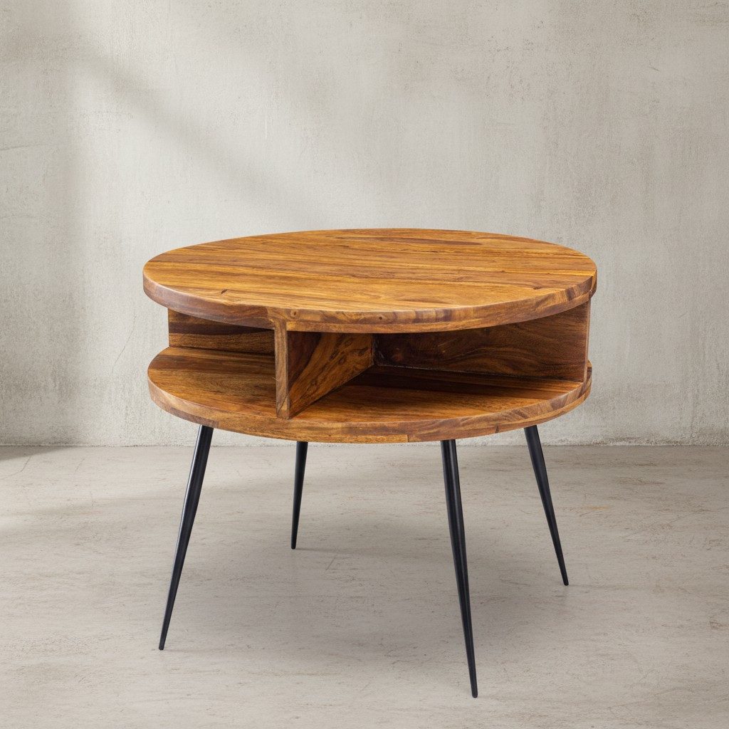 KADIMA DESIGN Couchtisch Runder Massivholz-Kaffeetisch mit 4 Ablagefächern, rustikaler Charme