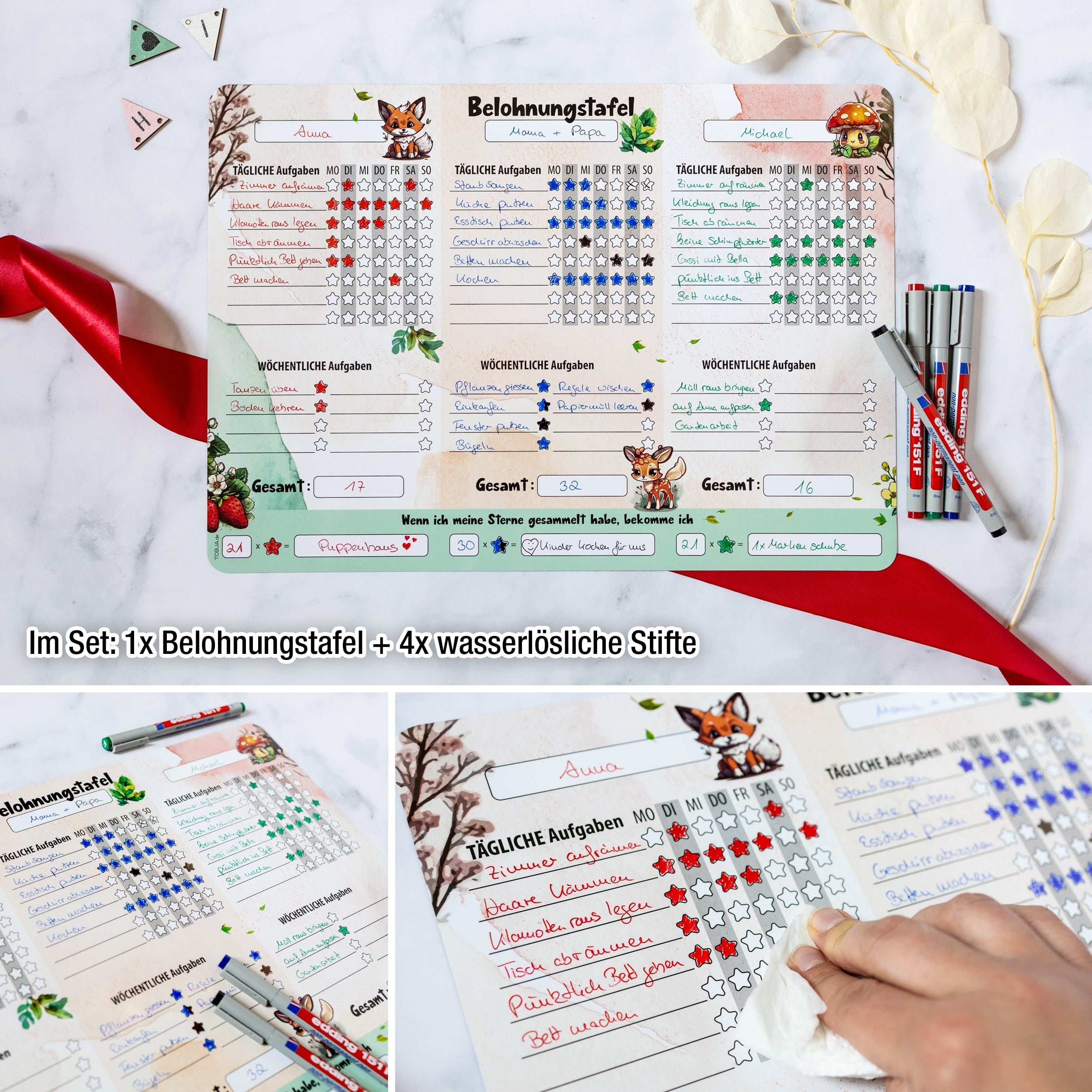 TOBJA Magnettafel A3 Belohnungstafel [Waldtiere] +4 Stifte Kinder magnetisch, Belohnungssystem magnetisch inkl. 4 Bunte Markenstifte – Bild 5 von 5