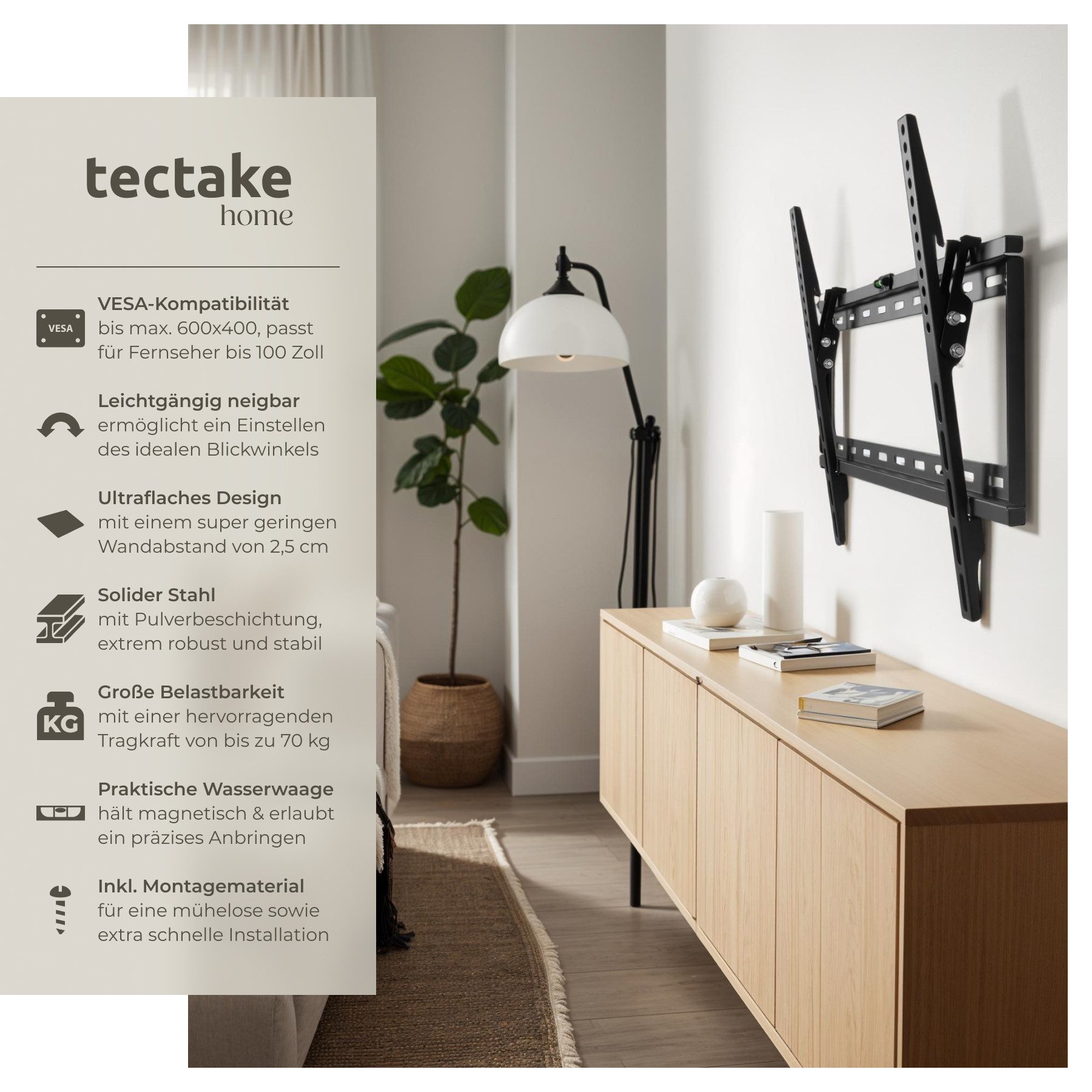 tectake TV-Wandhalterung TV Wandhalterung, (bis 100 Zoll, mit Montagematerial, für 32 - 100 Zoll (81 - 254 cm)