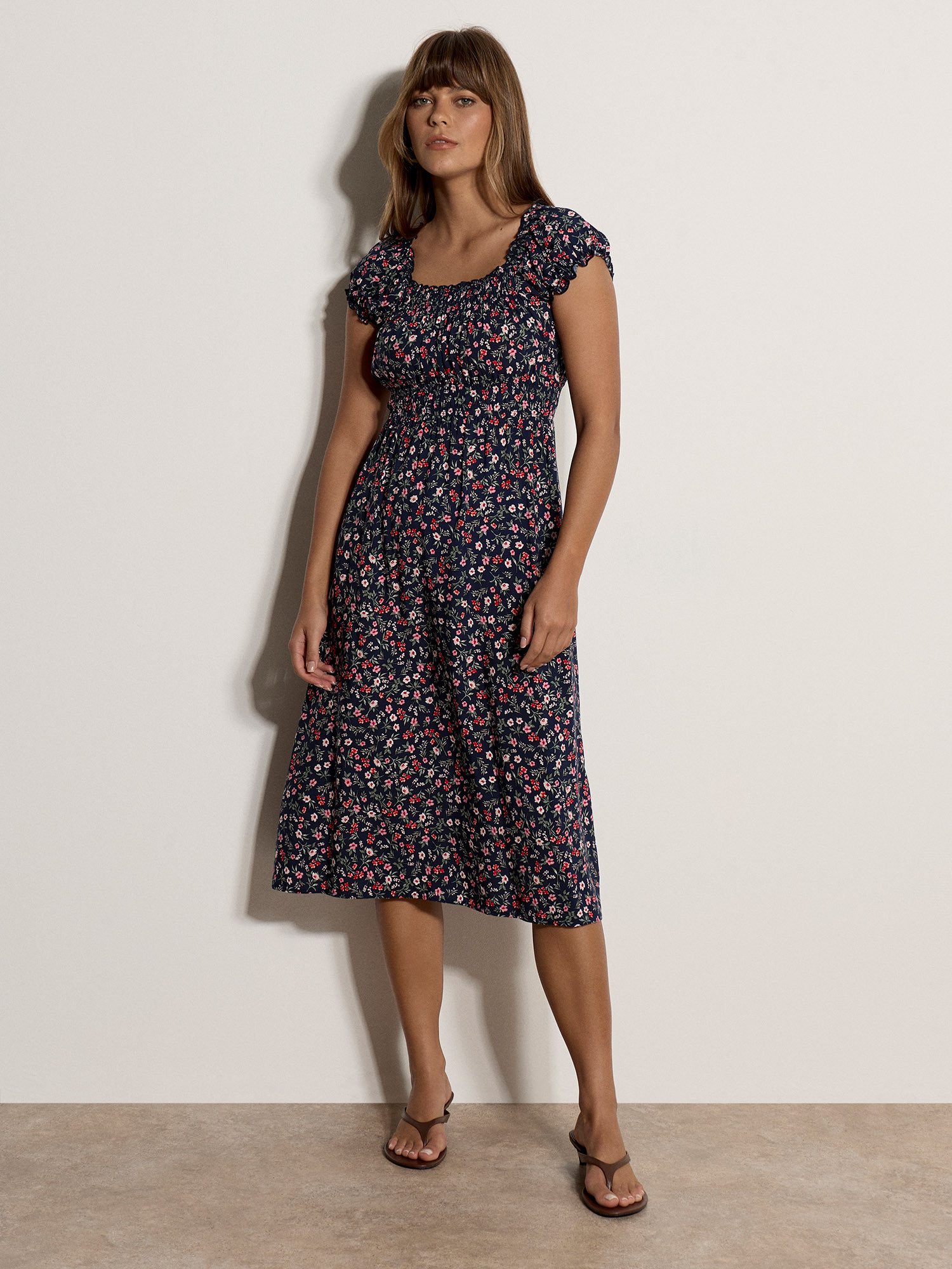 Apricot Midikleid Florales Midikleid mit gesmokter Taille