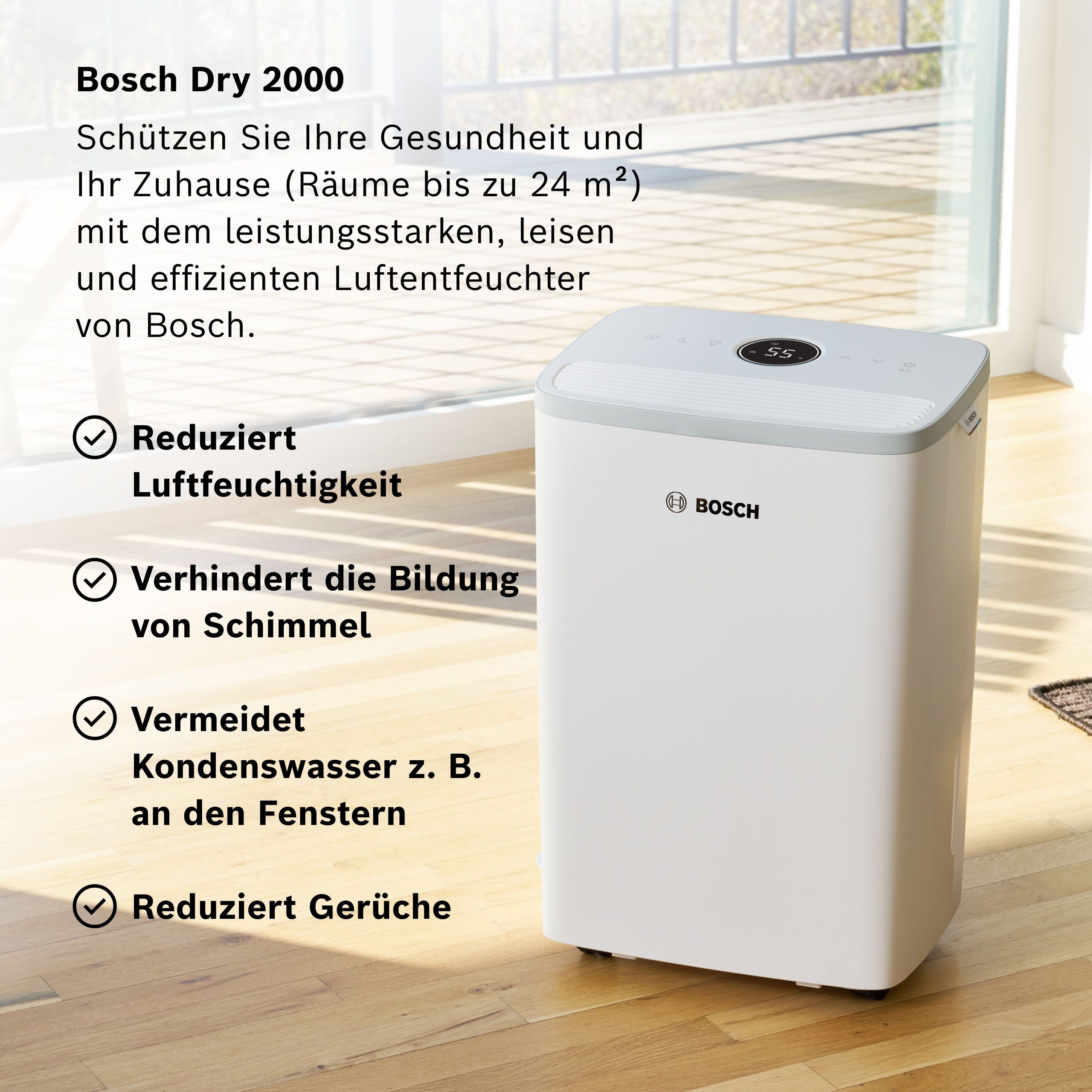 BOSCH Luftentfeuchter Dry 2000 - Ideal für die Wohnung & schnelle Trocknung der Wäsche, Entfeuchtung 12 l/Tag, Tank 2,5 l, Ultra-leiser Betrieb; nur 35 dB(A)