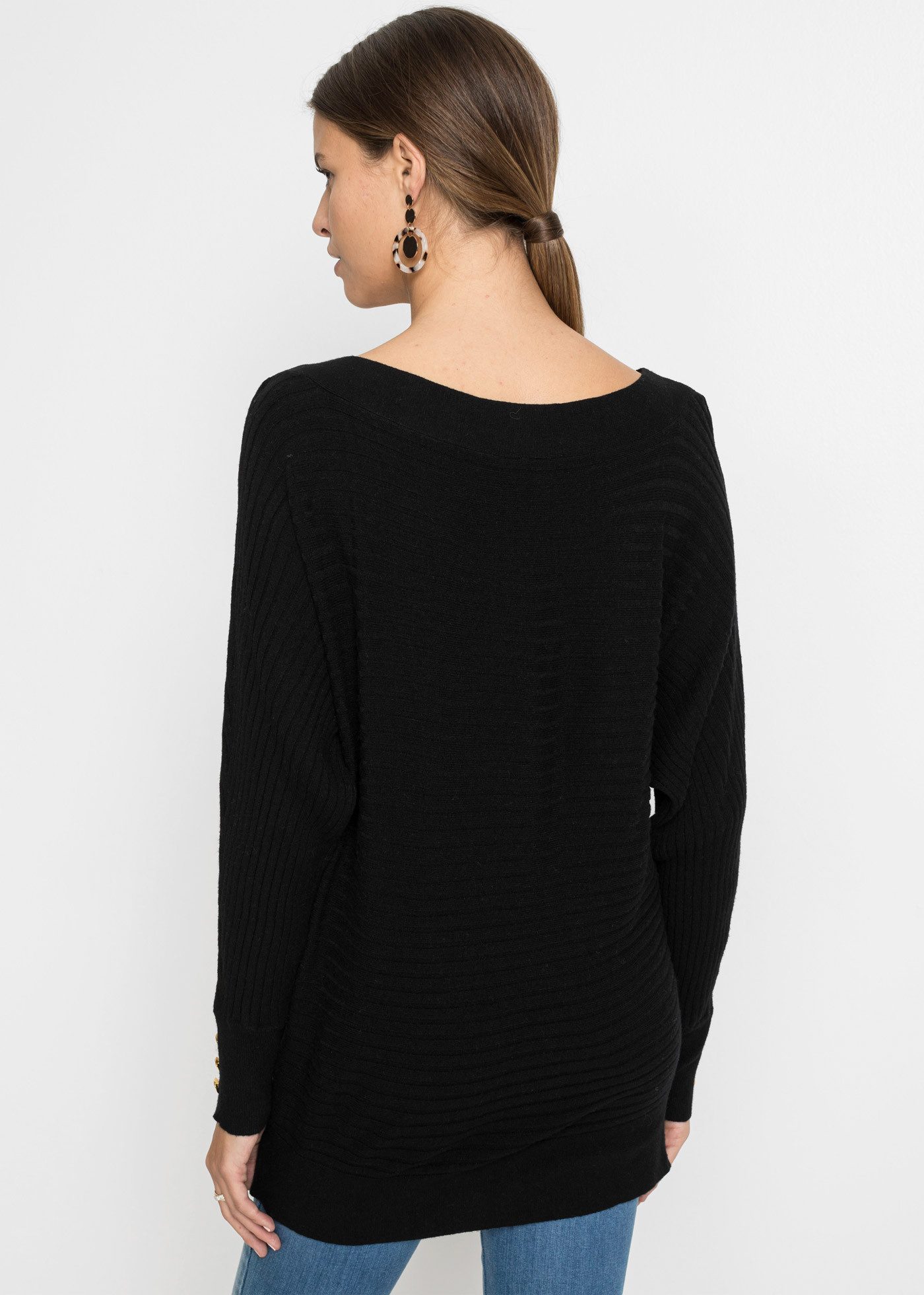 bonprix Strickpullover aus Viskose-Rippstrick, Fledermausärmel, mit Knopfdetail