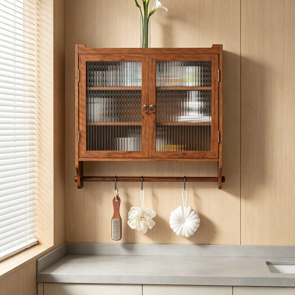 MODFU Hängeschrank Zweitüriger Wandschrank 70 cm,Stauraumschrank Hängevitrine (Vintage Glas-Wandregal mit Doppelglastüren und 3 Regalen – Wandmontage für Badezimmer, Küche, Esszimmer – Praktischer Handtuchhalter und Stauraum in Naturholzoptik) Gewichtskapazität: 5 kg pro Regal