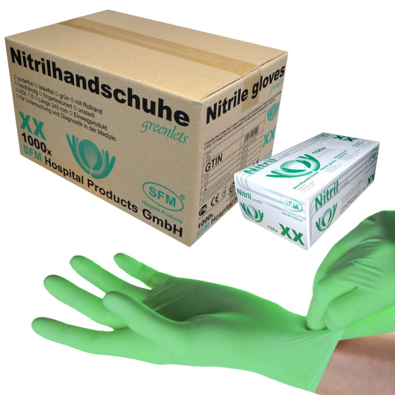 SFM ® Nitril-Handschuhe GREENLETS : puderfrei F-tex grün Einweghandschuhe Einmalhandschuhe