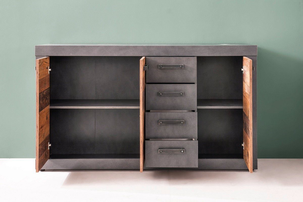 trendteam Sideboard Sideboard Kommode Indy, Old Used Wood / Matera grau, 151x86 cm