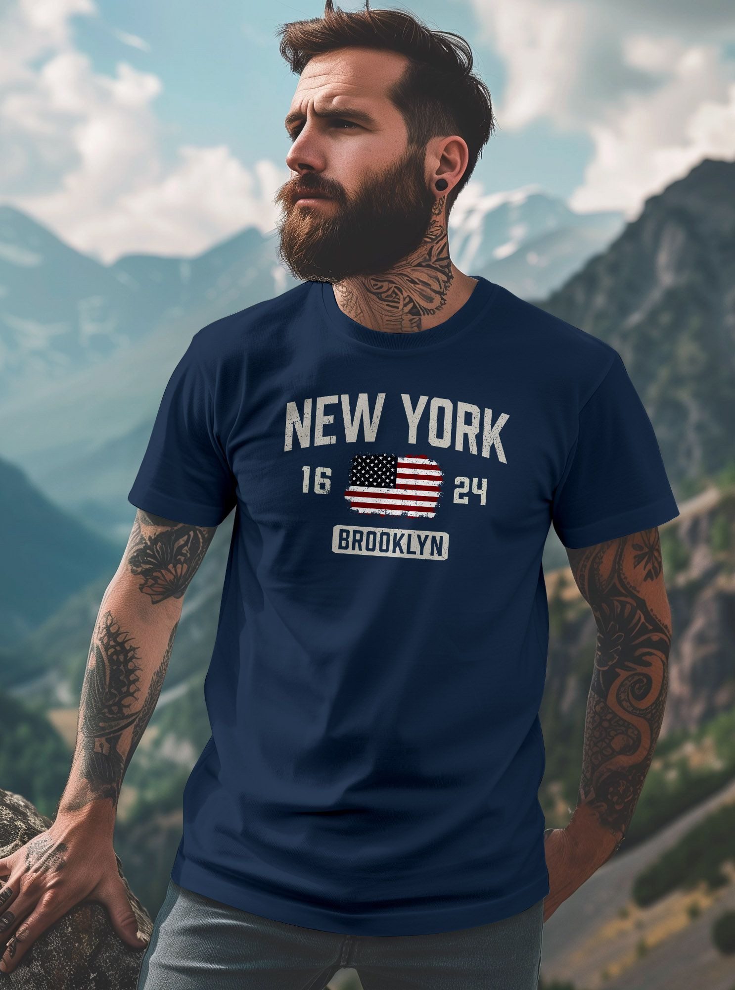 Neverless Print-Shirt Herren T-Shirt New York Brooklyn Print USA Flagge Fashion Streetstyle mit Print