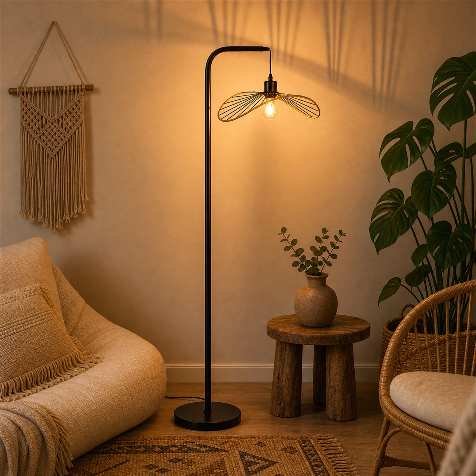 Nettlife Stehlampe Schwarz Vintage Bogenlampe Fußschalter Leselampe aus Metall E27, ohne Leuchtmittel, für Wohnzimmer Schlafzimmer Büro