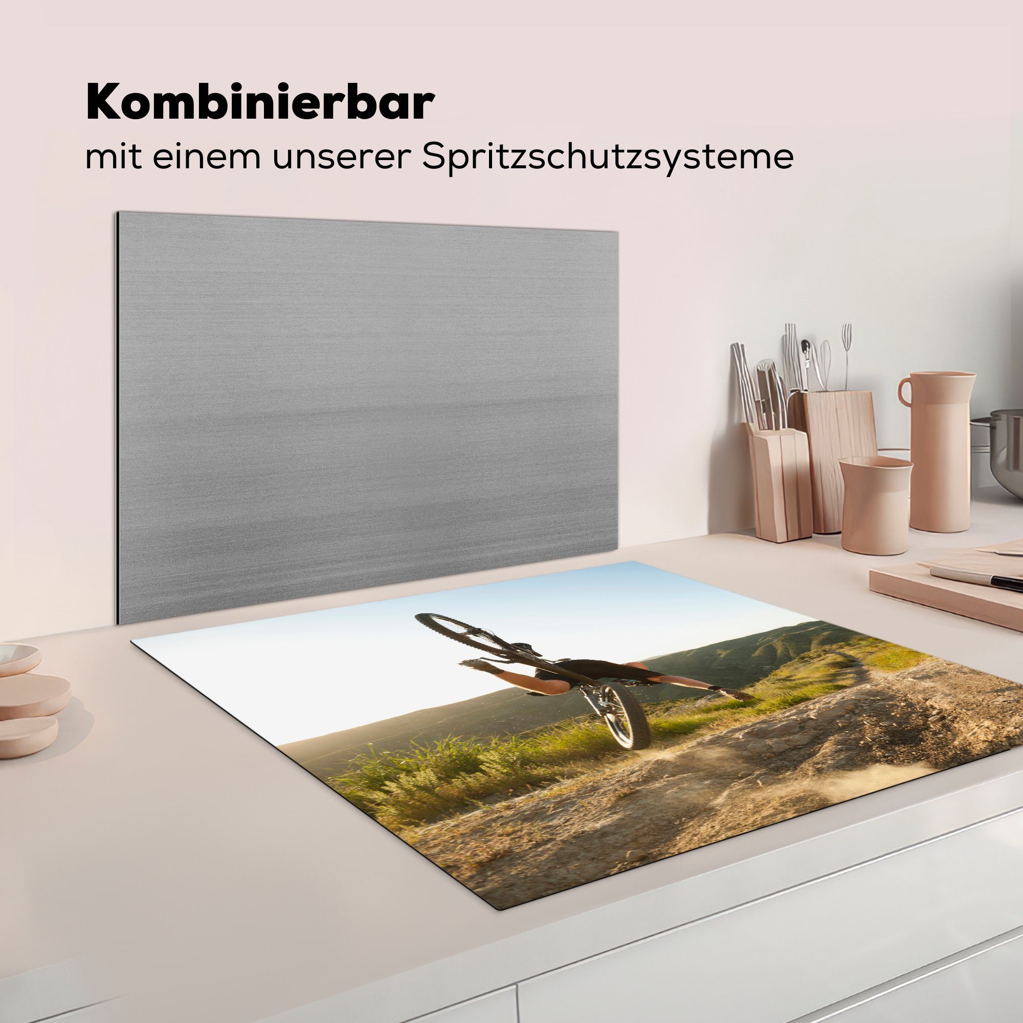 für cm, MuchoWow Herdblende-/Abdeckplatte Ceranfeldabdeckung, Person Vinyl, tlg), 78x78 (1 stürzt küche Arbeitsplatte Mountainbike, vom