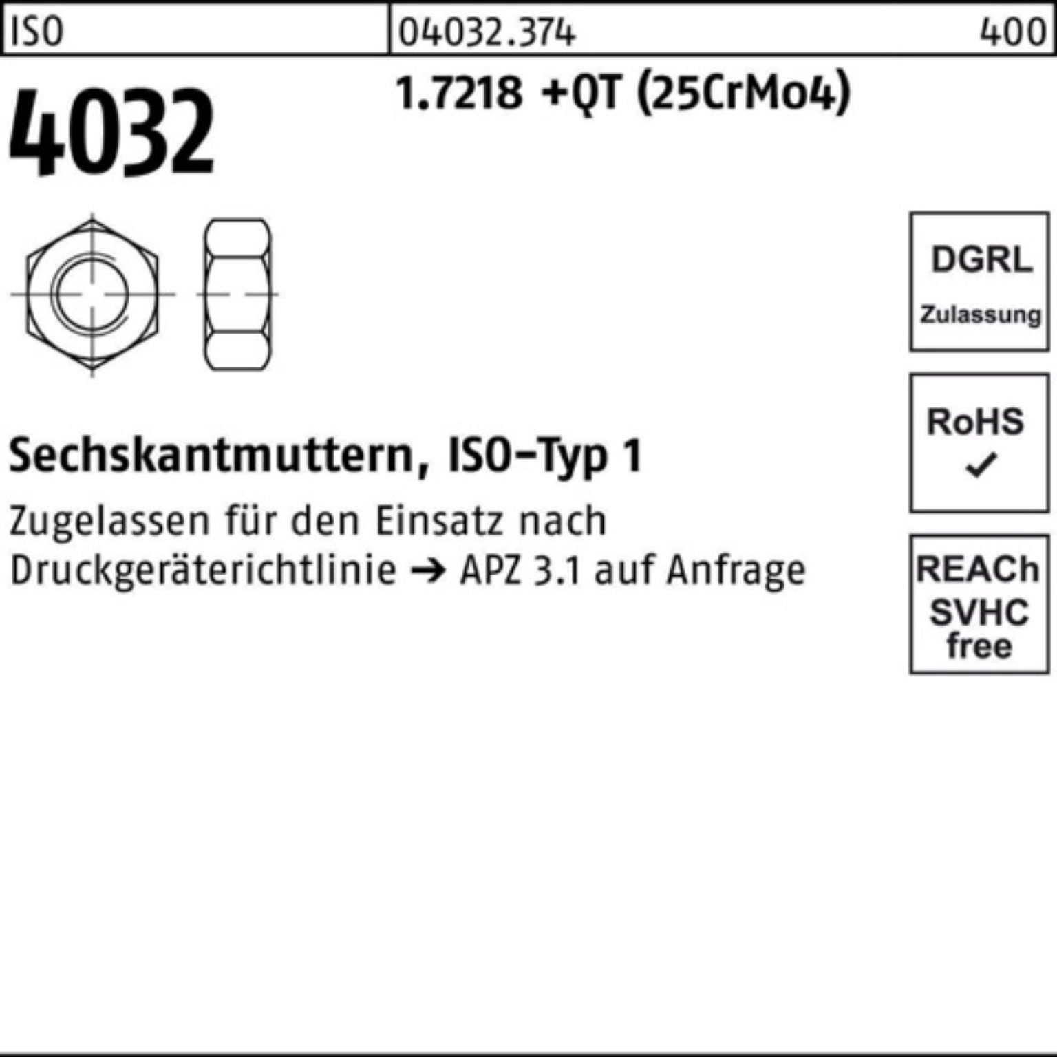 Bufab Muttern 100er Pack Sechskantmutter ISO 4032 M12 1.7218 +QT (25CrMo4) 100 Stüc | Muttern