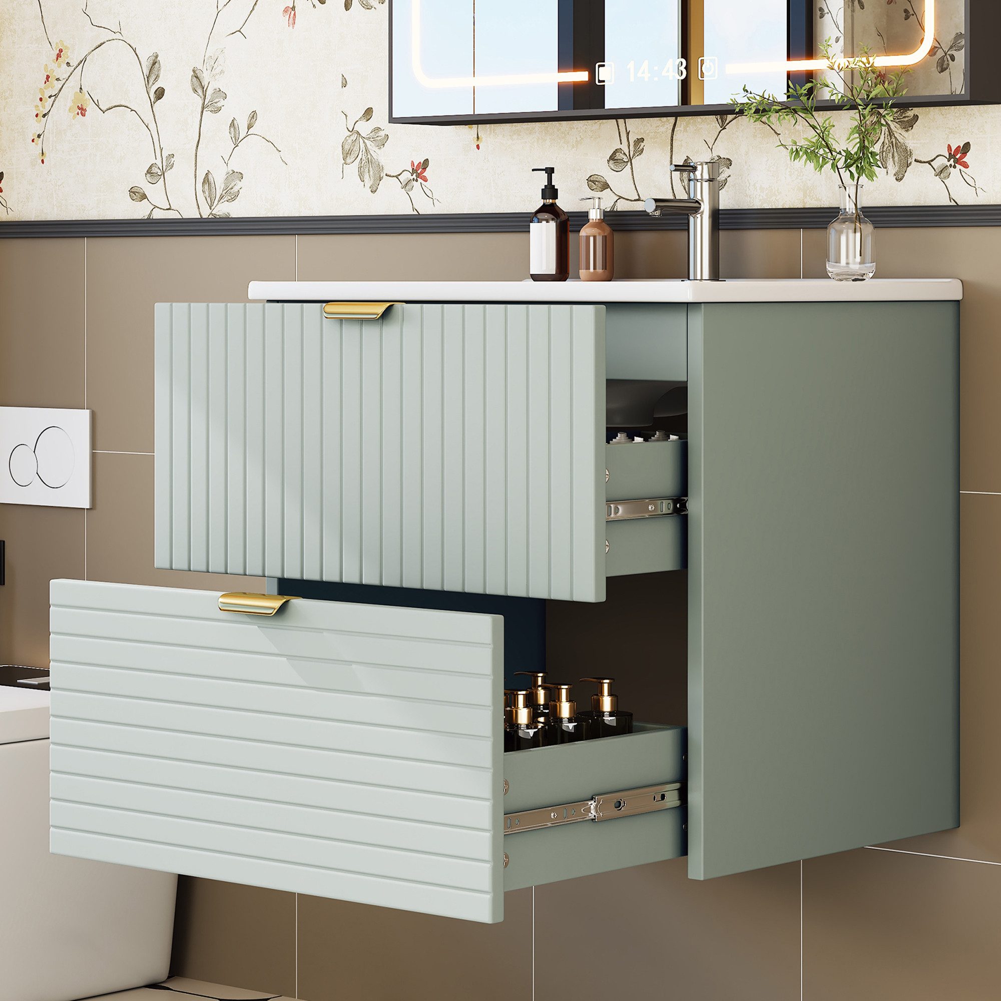 Flieks Waschtisch Waschbeckenunterschrank inkl. glänzende Waschbecken (B61/T46/H57 cm, 1-St., wandhängend, Badschrank aus MDF volllackiert), Badmöbel-Set Badezimmerschrank mit 2 Schubladen Grün