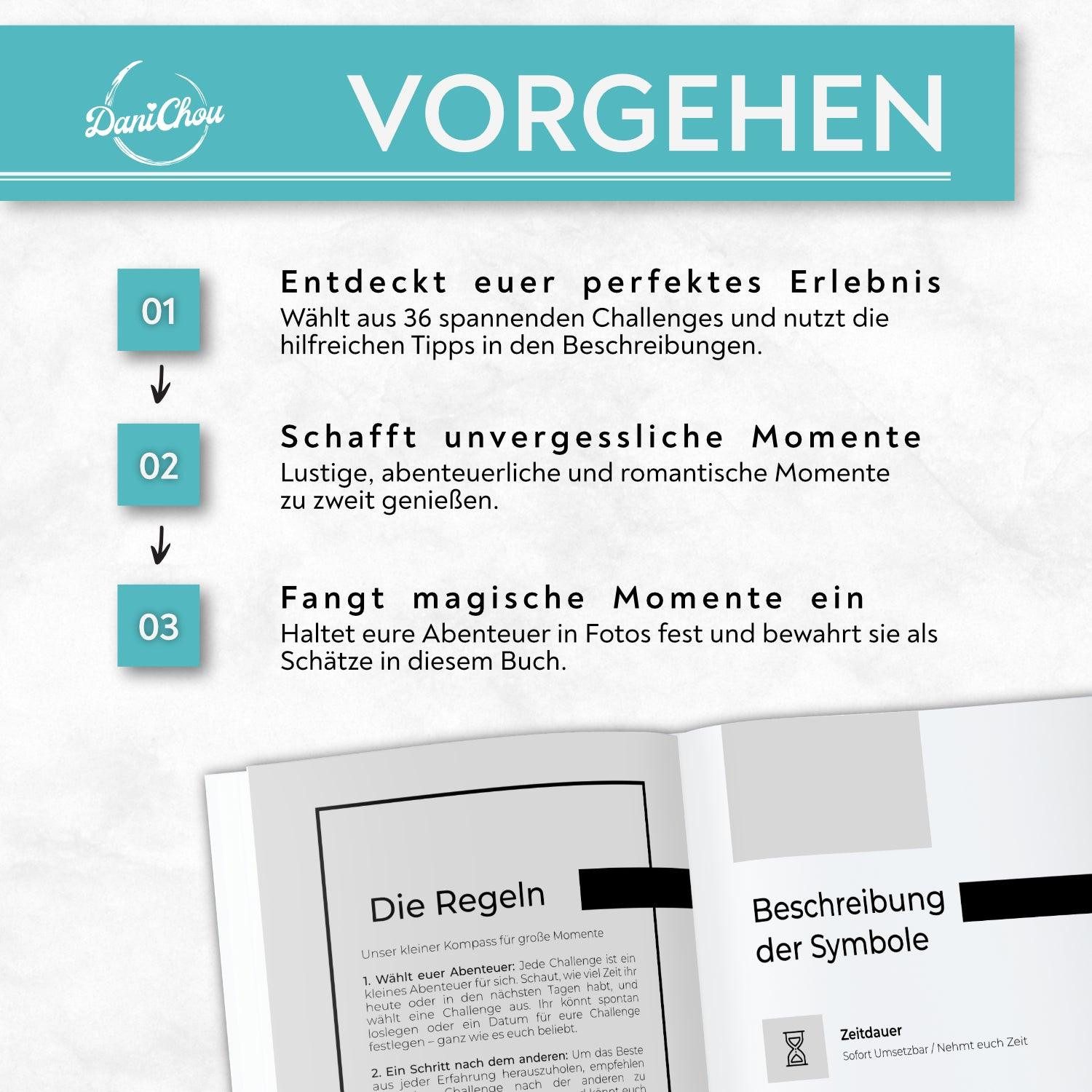 DaniChou Tagebuch Love Mission, Couple Challenge Buch für Paare, 36+10 inspirierende Aufgaben für mehr Nähe und Romantik, Perfektes Geschenk für Verliebte, Verlobte & Ehepaare, Fördert Zweisamkeit und gemeinsame Erlebnisse
