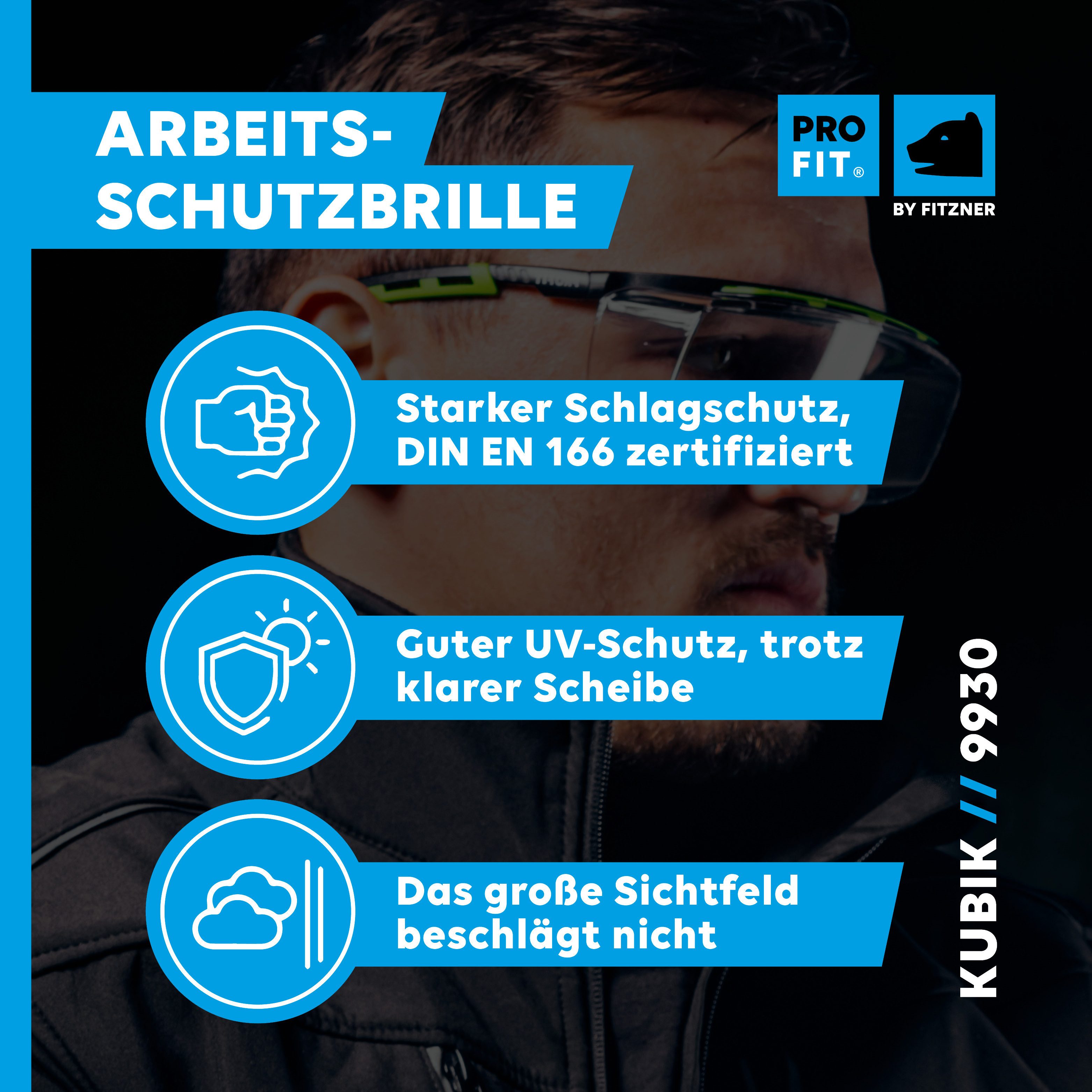 PRO FIT Arbeitsschutzbrille mit großer & klarer Scheibe, für Brillenträger - Schwarz/Grün, Kratzfest & Beschlagfrei, UV-Schutz