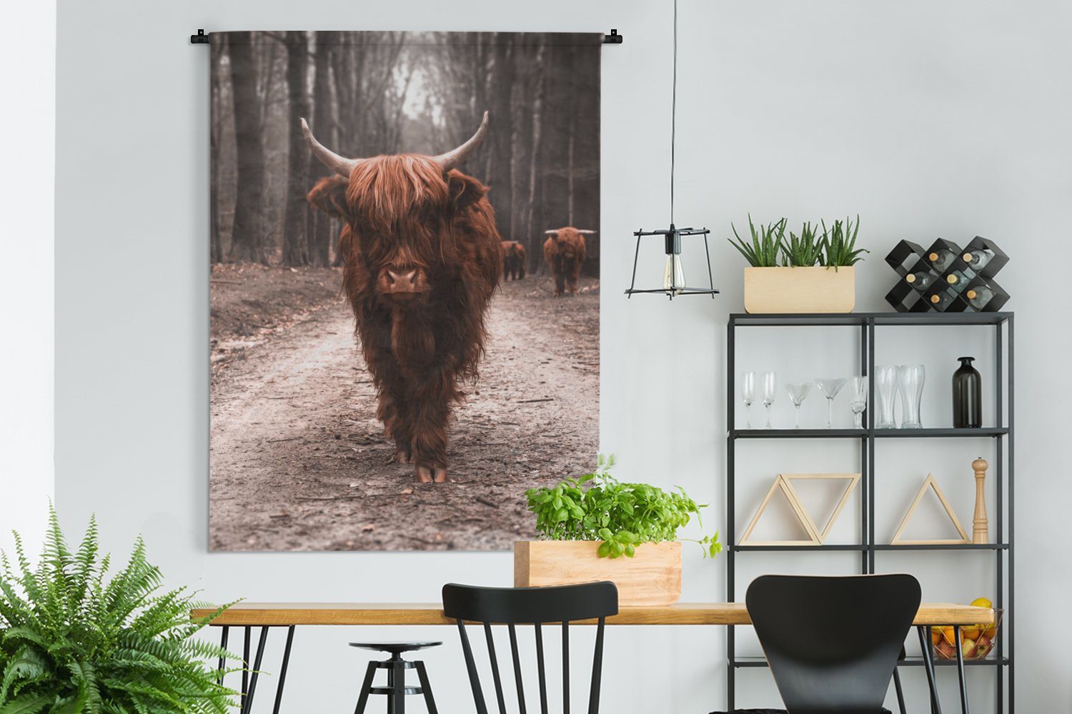 Tiere Natur, - Wandbehang, - Wald - Wanddekoobjekt für Wohnzimmer, Hochländer MuchoWow Kuh Kleid Tapisserie, Schlafzimmer, Schottischer - Wandtuch