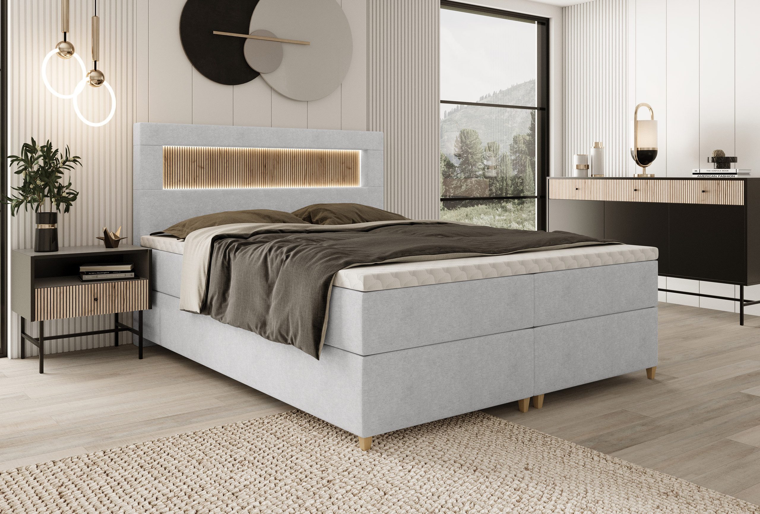 wonello Boxspringbett Espoo 2, mit LED-Beleuchtung, USB-Anschluss, 2x Nachttisch und Topper