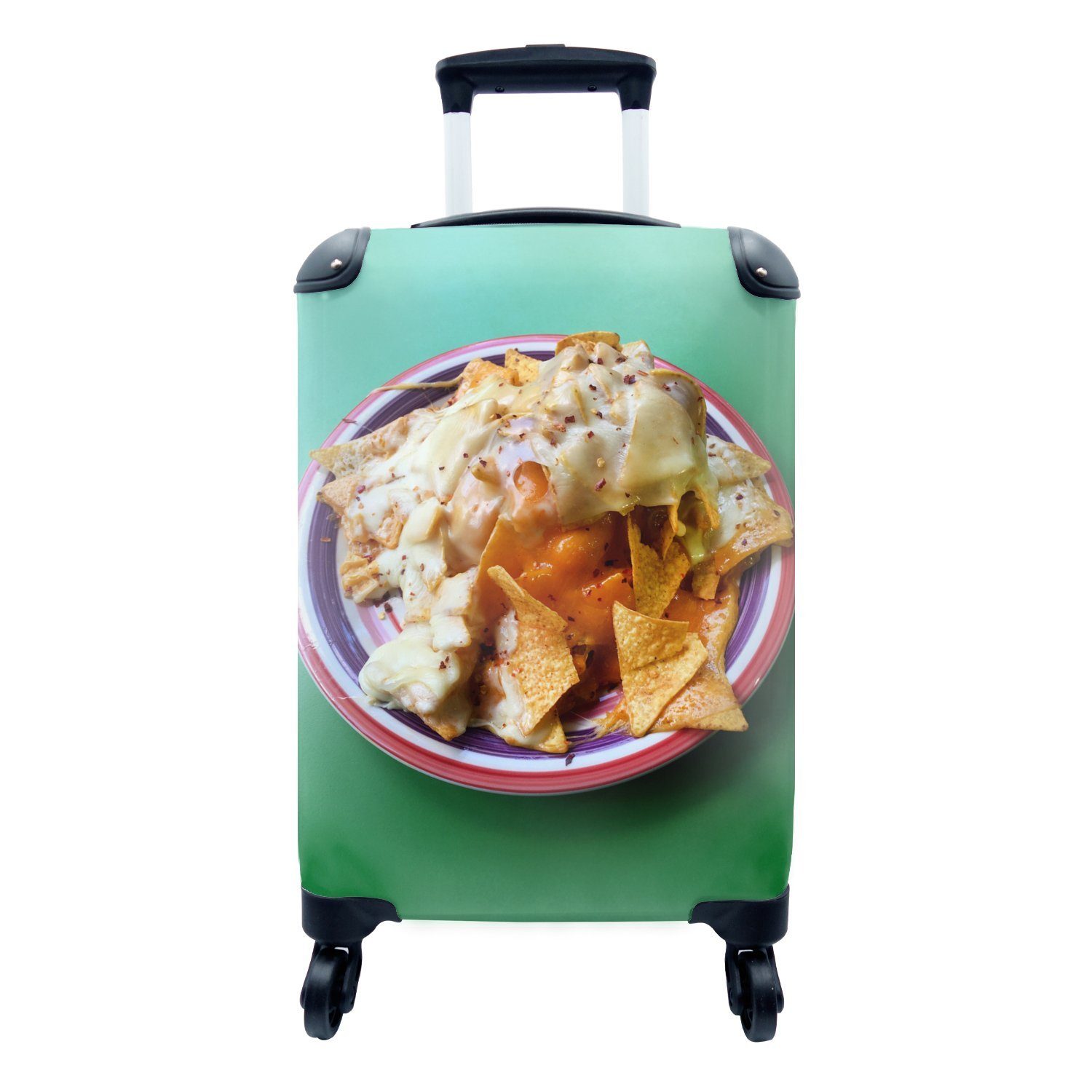 MuchoWow Handgepäckkoffer Eine große Käseschicht über Nachos mit grünem Hintergrund, 4 Rollen, Reisetasche mit rollen, Handgepäck für Ferien, Trolley, Reisekoffer