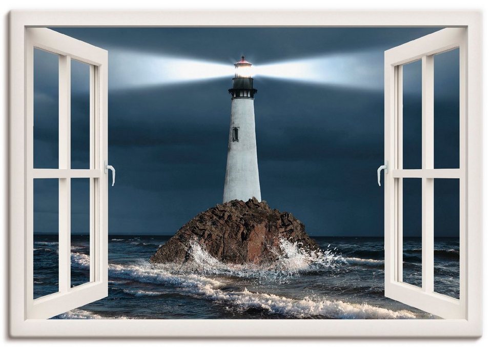 Artland Wandbild Fensterblick Leuchtturm mit Lichtstrahl, Gebäude (1 St),  als Alubild, Leinwandbild, Wandaufkleber oder Poster in versch. Größen, Verschiedene  Größen & Produktarten