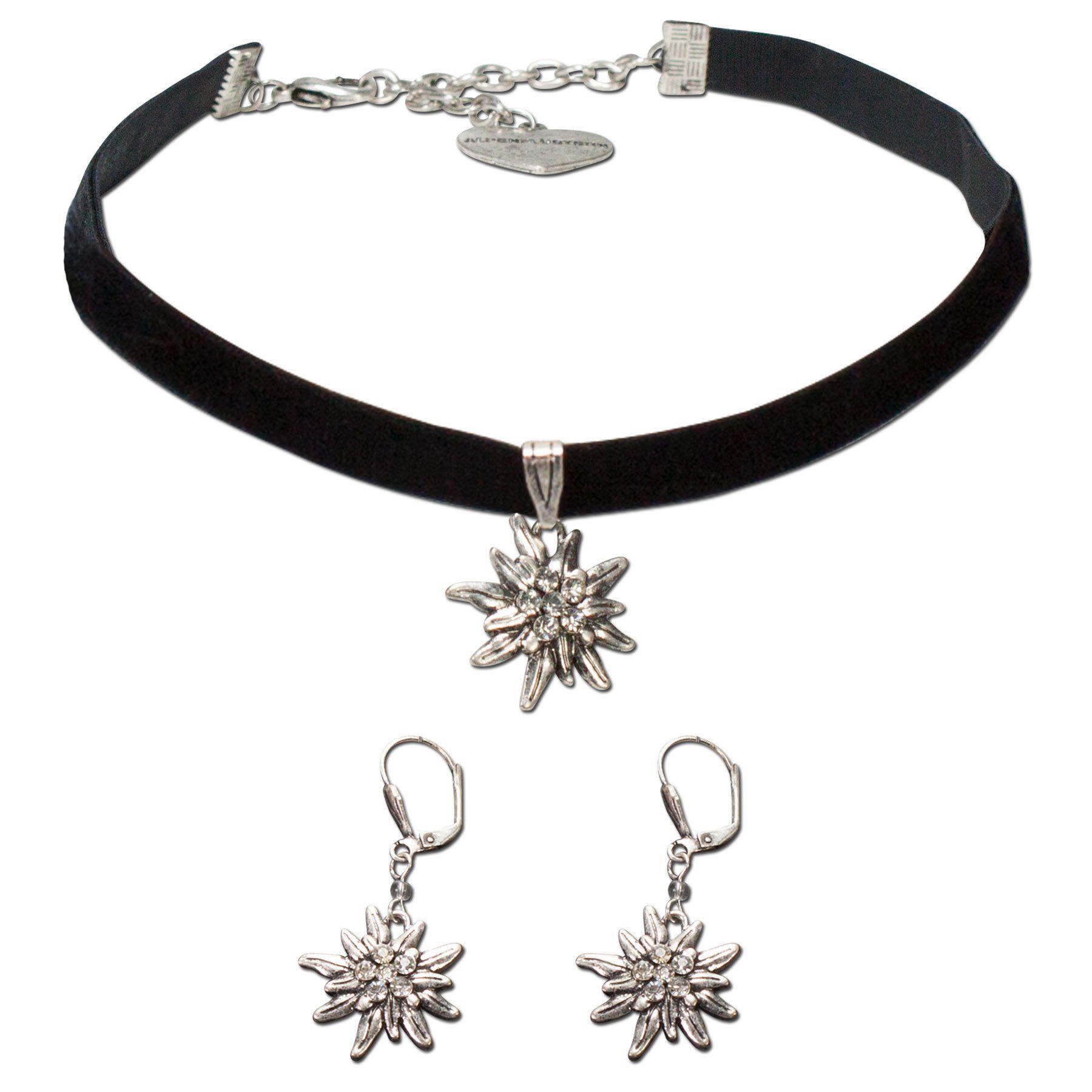 Ketten-Set Trachtenschmuck-Set Trachten-Samt-Kropfband und Ohrhänger Strass-Edelweiß (schwarz)
